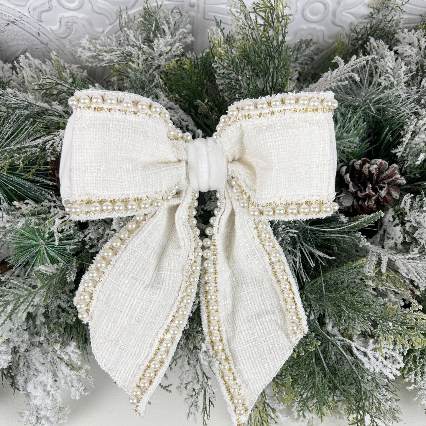 Farrisilk Ivory Pearl Bow, Tweed and Velvet Bow with Pearls, Luxury Wedding and Holiday Decoration