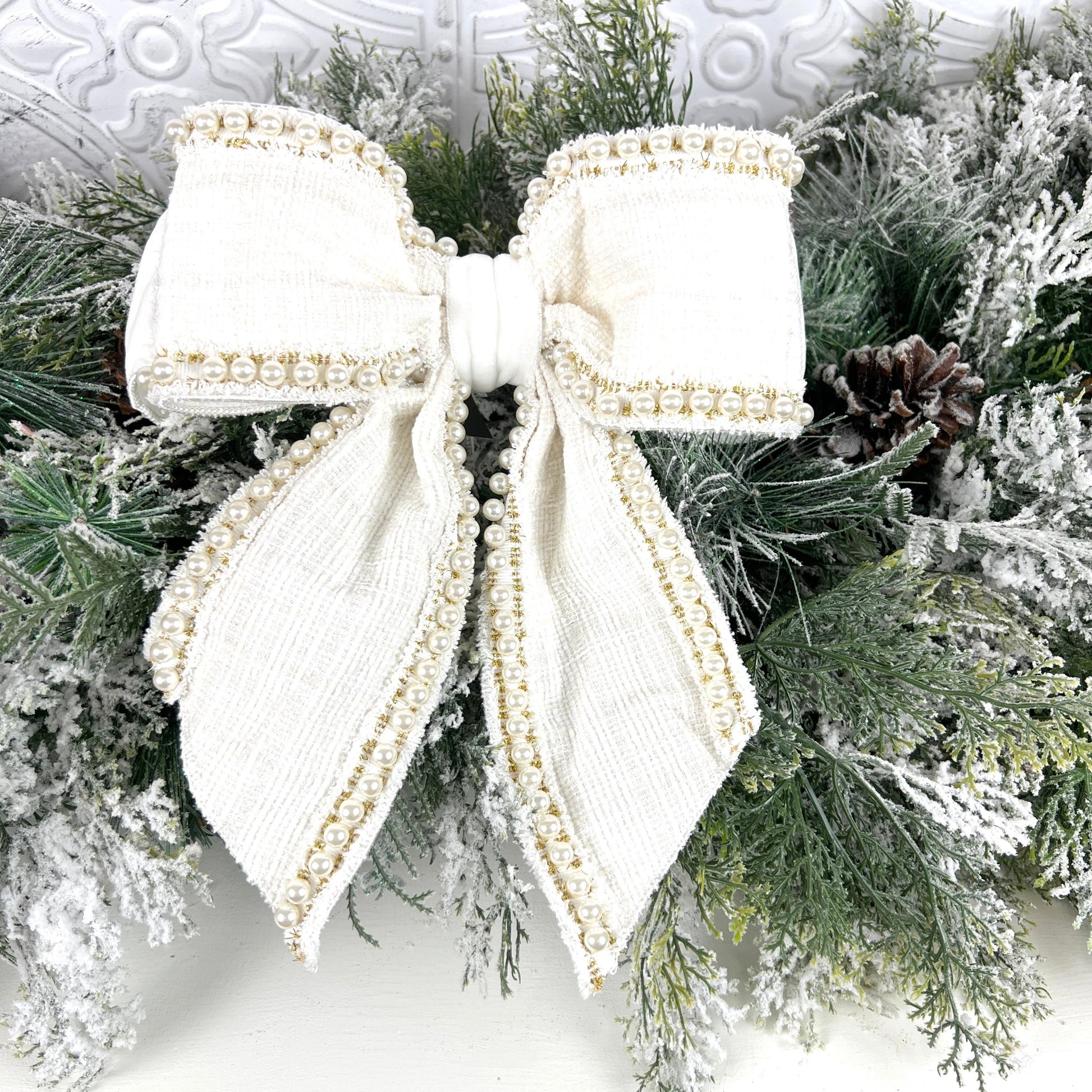 Farrisilk Ivory Pearl Bow, Tweed and Velvet Bow with Pearls, Luxury Wedding and Holiday Decoration