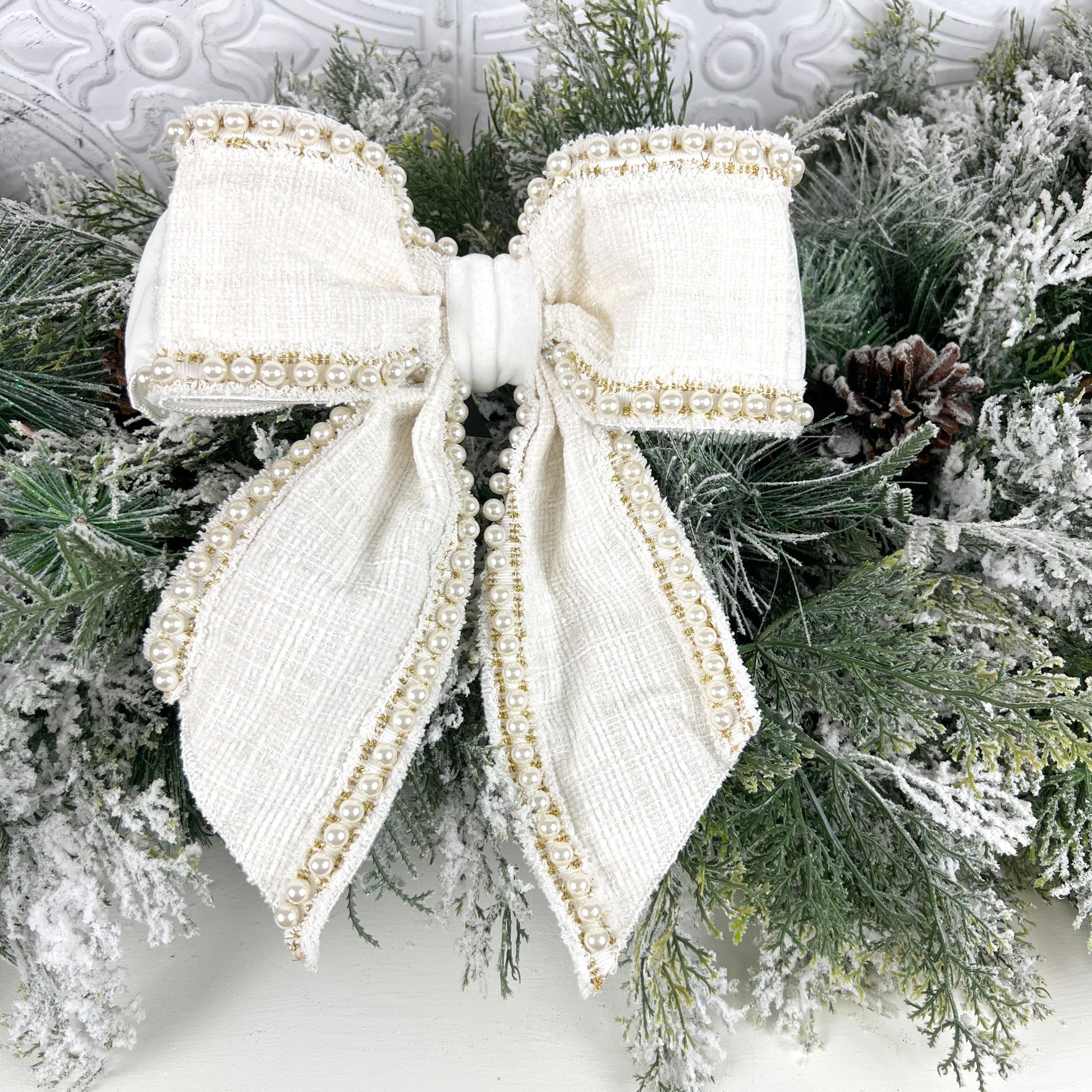 Farrisilk Ivory Pearl Bow, Tweed and Velvet Bow with Pearls, Luxury Wedding and Holiday Decoration