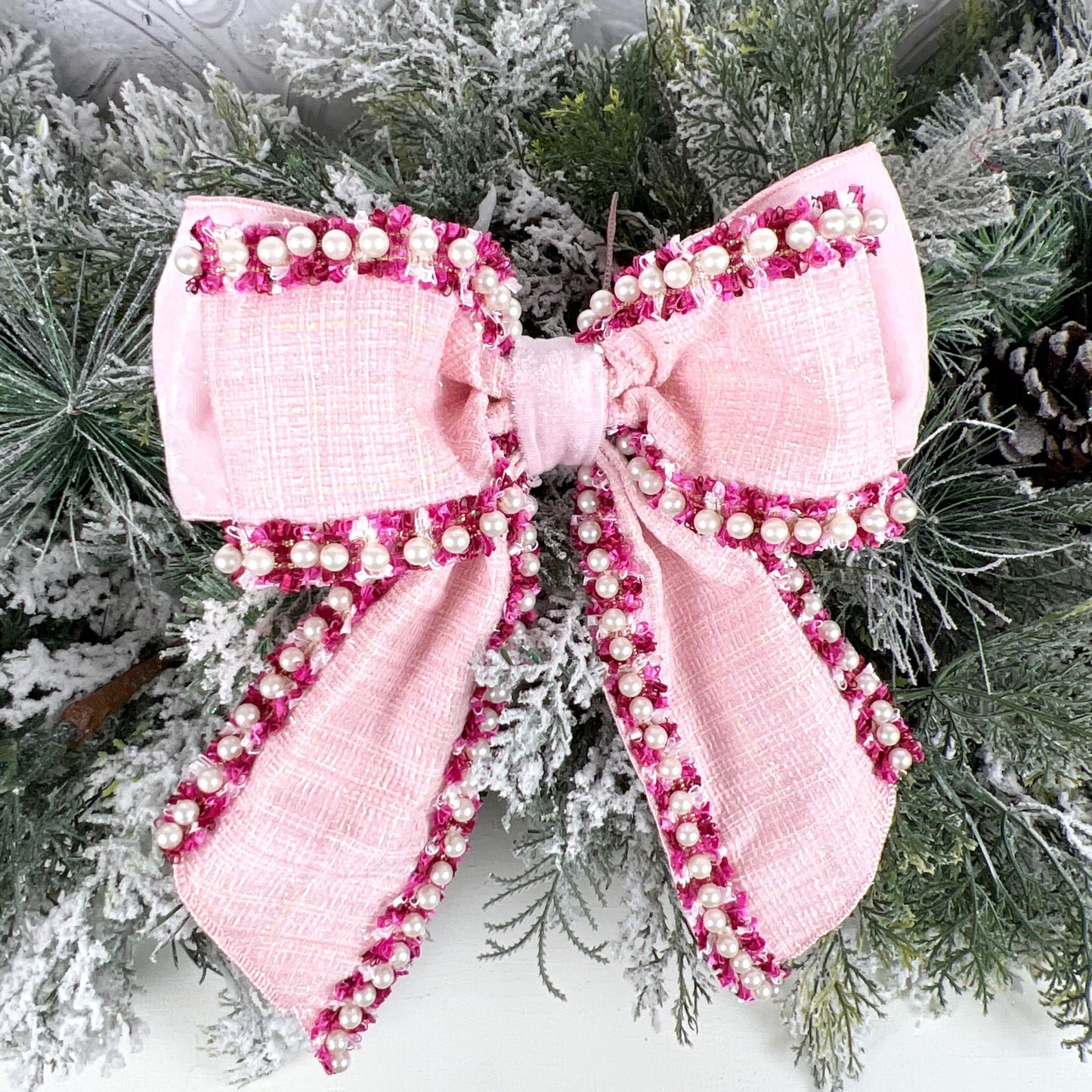 Farrisilk Pink Pearl Bow, Tweed and Velvet Bow with Pearls, Luxury Wedding and Holiday Decoration