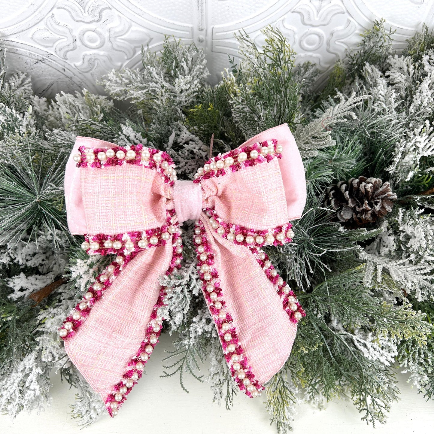 Farrisilk Pink Pearl Bow, Tweed and Velvet Bow with Pearls, Luxury Wedding and Holiday Decoration