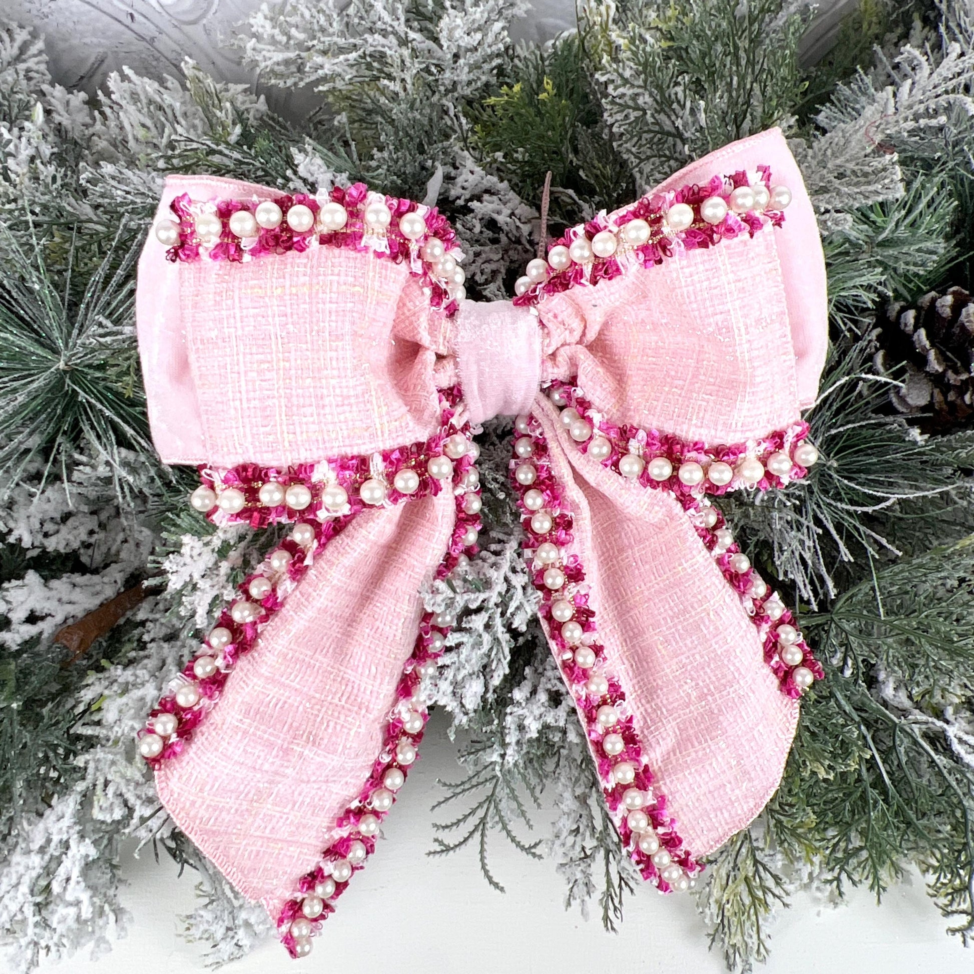 Farrisilk Pink Pearl Bow, Tweed and Velvet Bow with Pearls, Luxury Wedding and Holiday Decoration
