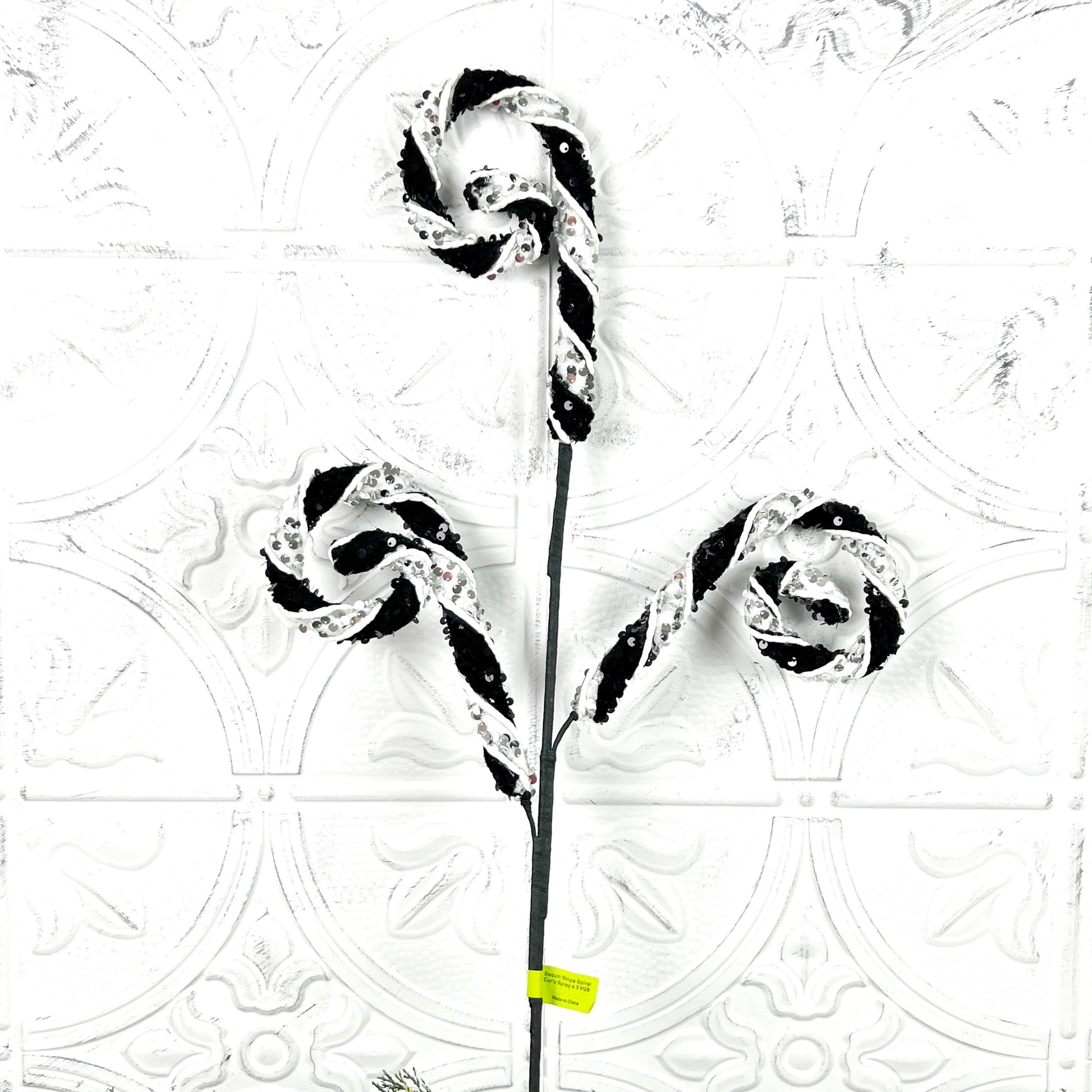 Black and White Curly Spray, Sequin Holiday Pick, Candy Cane Stripe Stem, Wreath Accent, Christmas Tree Decor