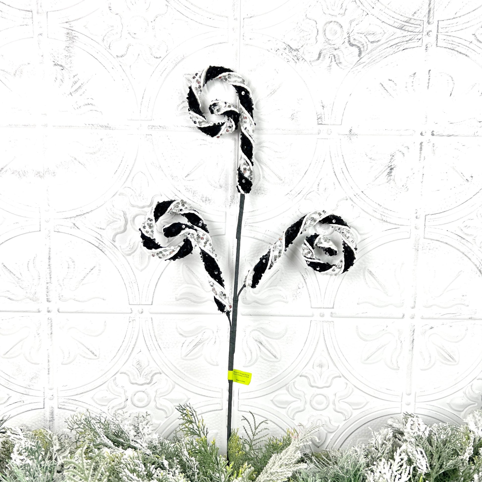 Black and White Curly Spray, Sequin Holiday Pick, Candy Cane Stripe Stem, Wreath Accent, Christmas Tree Decor