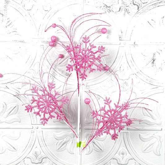 Pink Snowflake Spray, Glittered Christmas Pick, Winter Wonderland Stem, Tree Topper Accent, Elegant Holiday Decor
