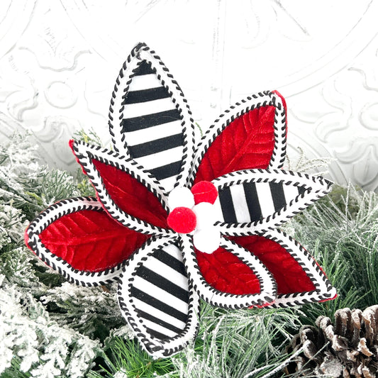 Striped Poinsettia Stem, Red Black White Christmas Pick, Velvet Holiday Floral, Modern Wreath Accent, Elegant Tree Decor