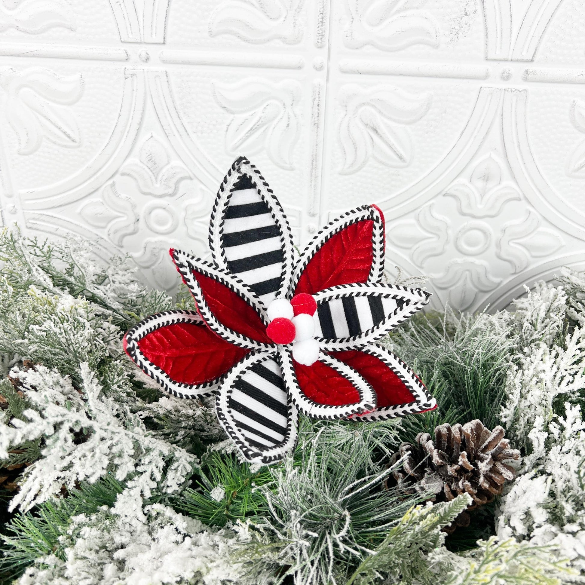 Striped Poinsettia Stem, Red Black White Christmas Pick, Velvet Holiday Floral, Modern Wreath Accent, Elegant Tree Decor