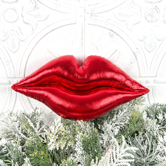 Plush Red Lip Ornament, Metallic Lip Decor, Designer Valentine Accent, Holiday Wreath Attachment, Glam Tree Decoration, Romantic Home Decor