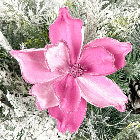 Velvet Magnolia Pick, Pink Magnolia Floral, Glitter Edge Flower Pick, Holiday Wreath Accent, Elegant Tree Decoration