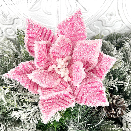 Icy Pink Poinsettia Stem, Beaded Christmas Flower, Pink Holiday Floral Pick, Winter Wedding Stem, Luxury Tree Accent