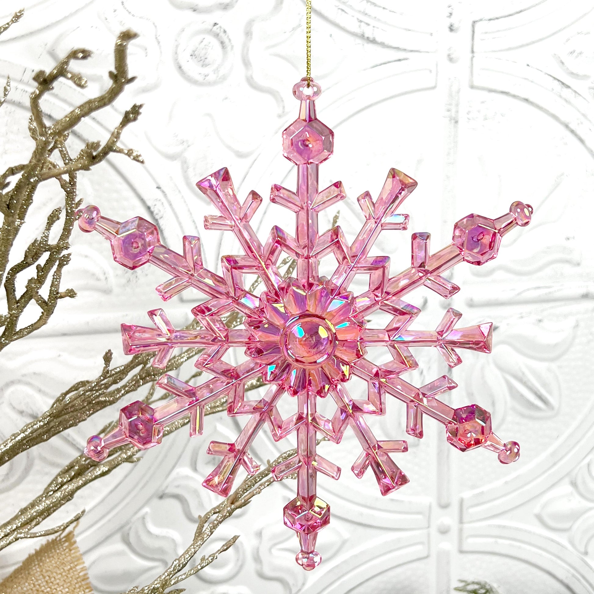 Pink Snowflake Ornament, Iridescent Christmas Ornament, Blush Holiday Tree Accent, Designer Snowflake Decor, Elegant Winter Ornament