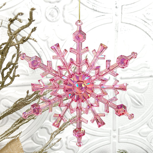 Pink Snowflake Ornament, Iridescent Christmas Ornament, Blush Holiday Tree Accent, Designer Snowflake Decor, Elegant Winter Ornament