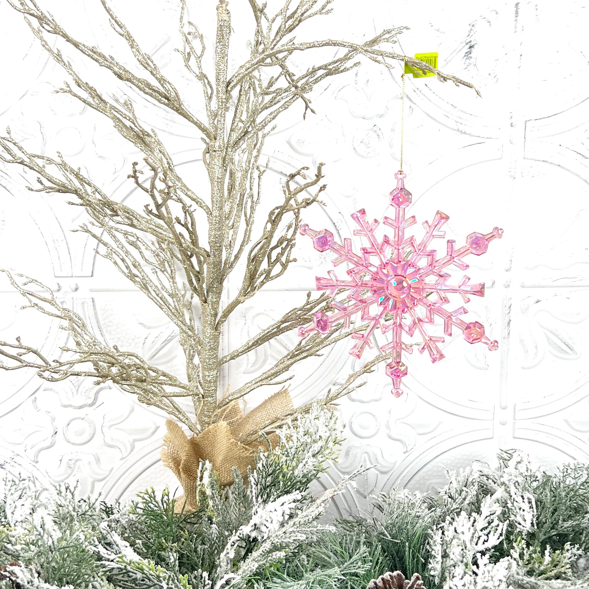 Pink Snowflake Ornament, Iridescent Christmas Ornament, Blush Holiday Tree Accent, Designer Snowflake Decor, Elegant Winter Ornament