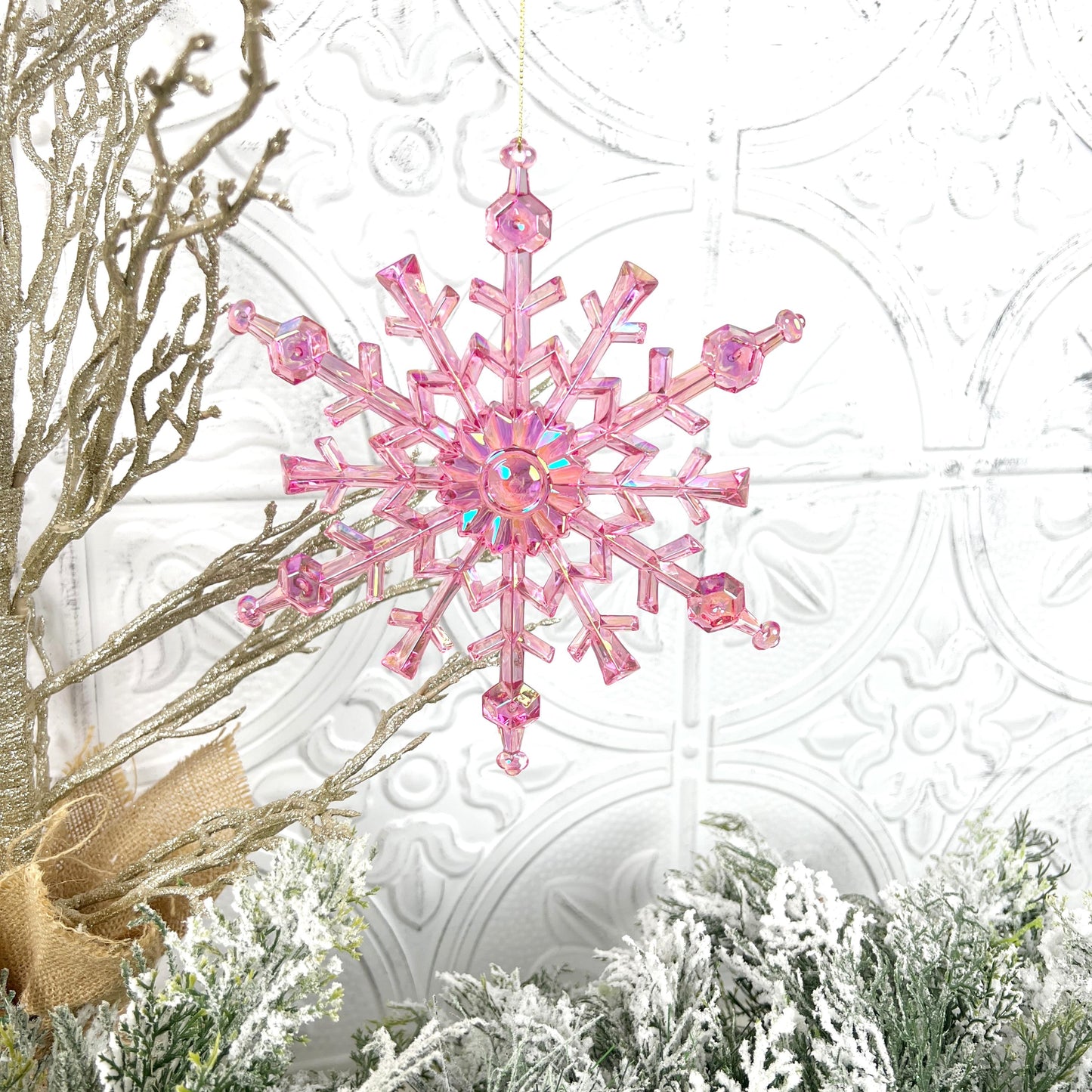 Pink Snowflake Ornament, Iridescent Christmas Ornament, Blush Holiday Tree Accent, Designer Snowflake Decor, Elegant Winter Ornament