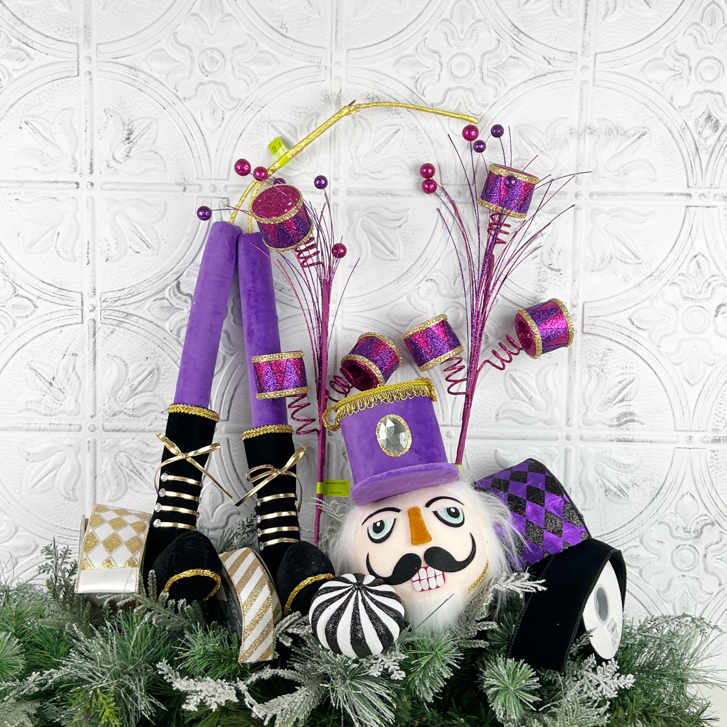 Nutcracker Wreath Attachment, Purple Nutcracker Decor with Drums & Holiday Sprays, Designer Christmas Craft Supply