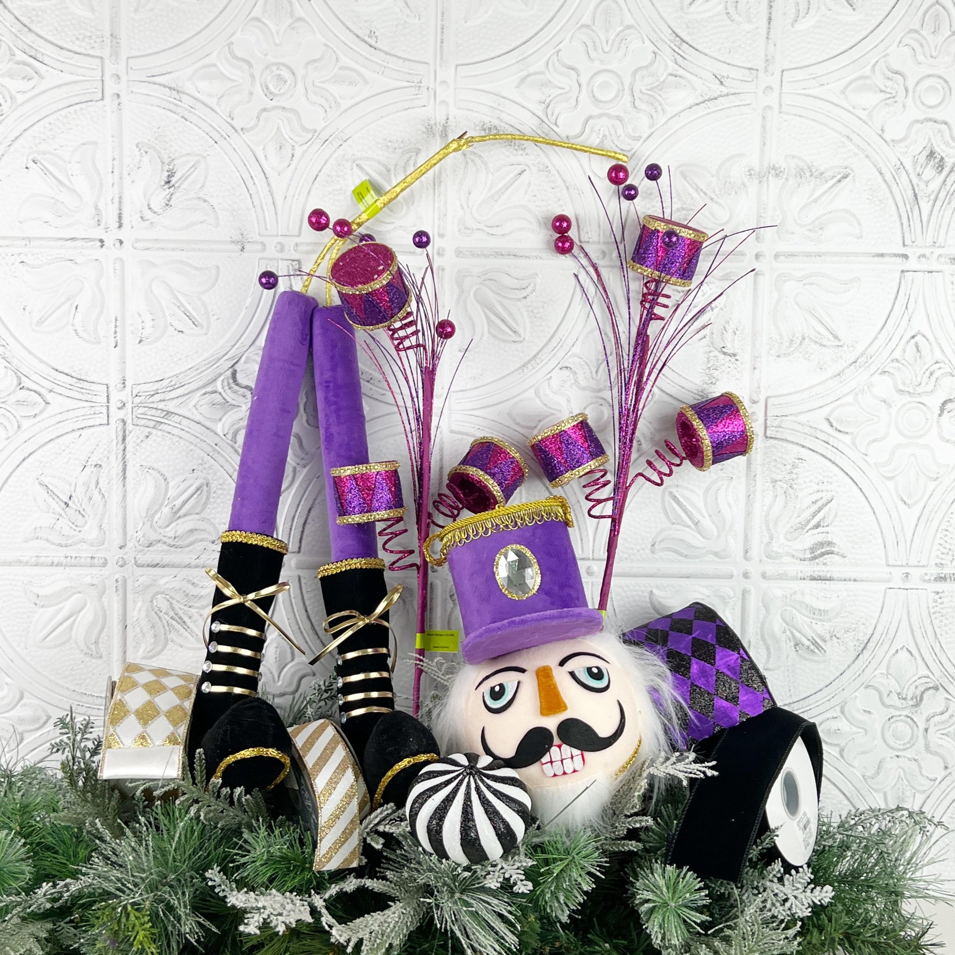 Nutcracker Wreath Attachment, Purple Nutcracker Decor with Drums & Holiday Sprays, Designer Christmas Craft Supply