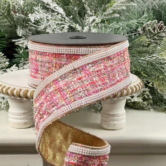 Exclusive DDW Pink Pearl Tweed Ribbon, Couture Designer Ribbon, Pearl Edged Gold Backed Ribbon, Luxury Holiday Trim
