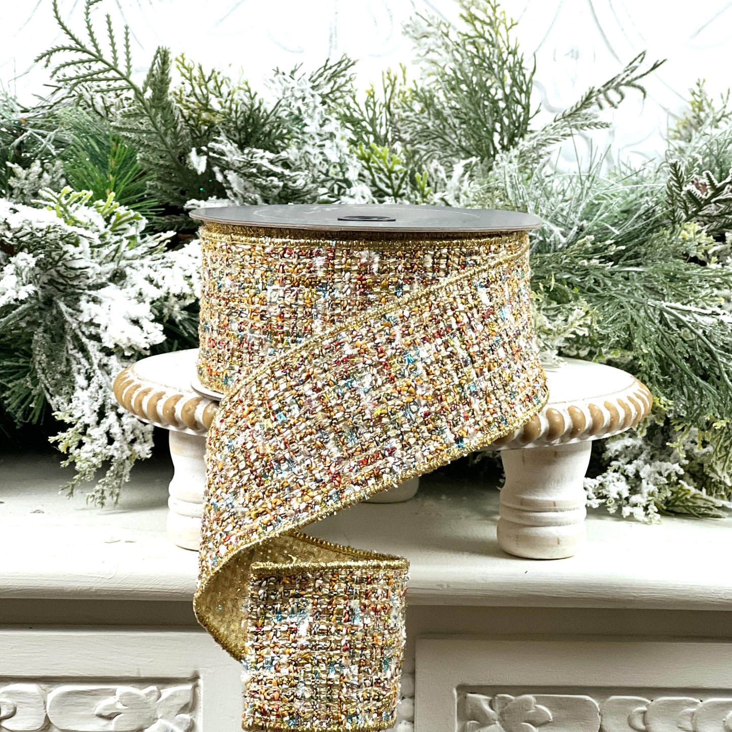Farrisilk Multi-Colored Tweed Ribbon, Gold Tweed Holiday Decor, Luxury Ribbon for Wreaths