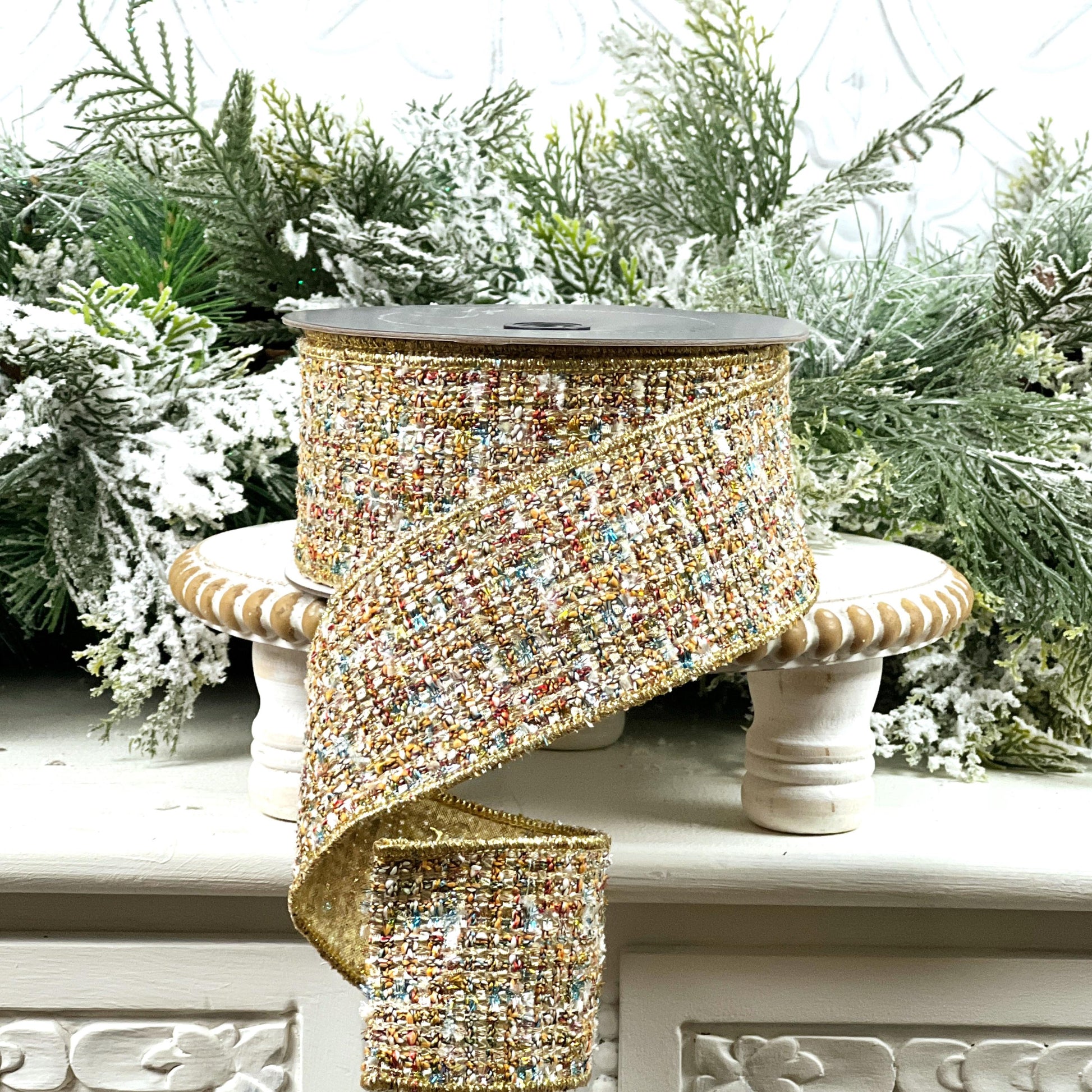 Farrisilk Multi-Colored Tweed Ribbon, Gold Tweed Holiday Decor, Luxury Ribbon for Wreaths