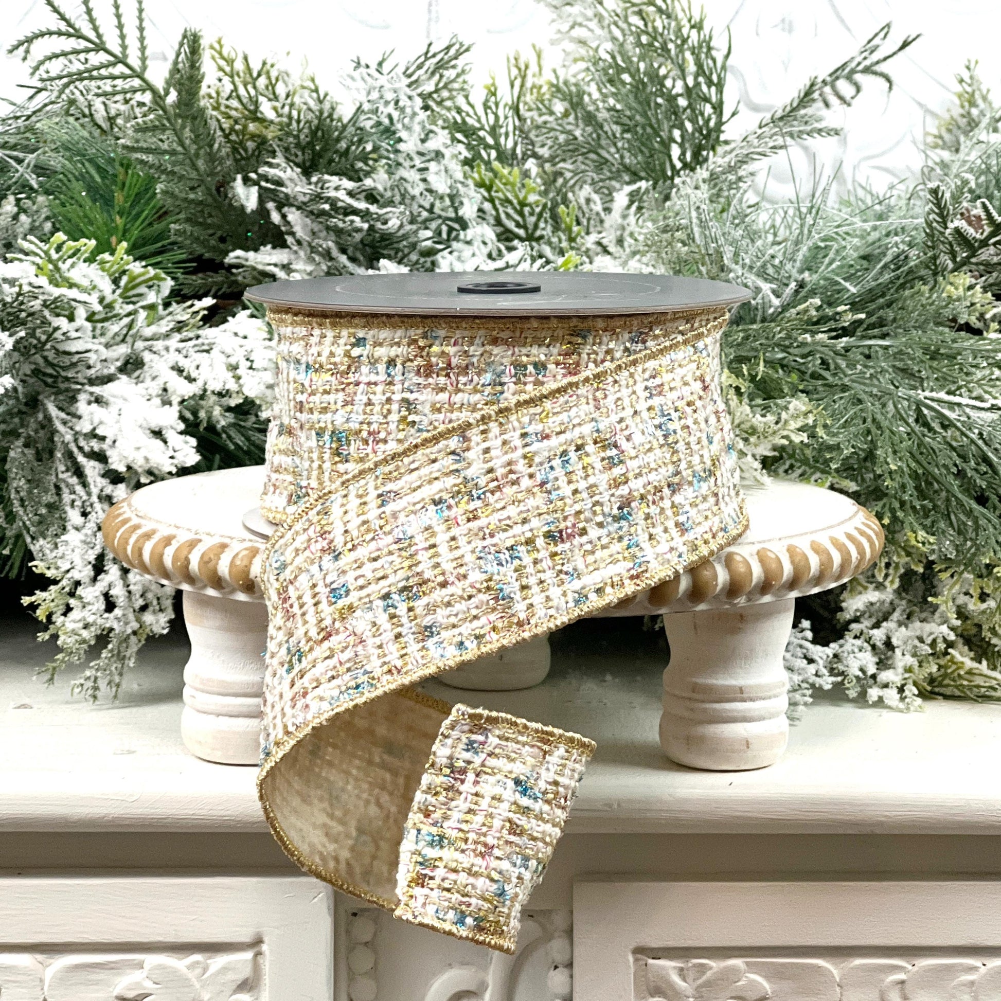 Farrisilk Cream Gold and Blue Tweed Ribbon, Multi-Colored Wired Ribbon, Luxury Holiday Ribbon for Wreaths