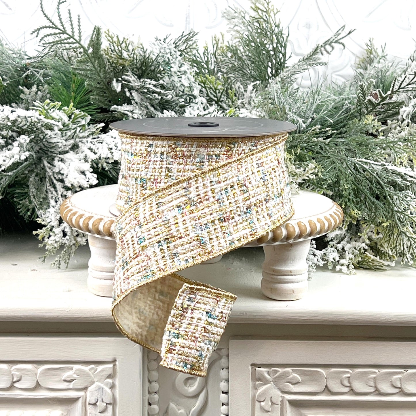 Farrisilk Cream Gold and Blue Tweed Ribbon, Multi-Colored Wired Ribbon, Luxury Holiday Ribbon for Wreaths