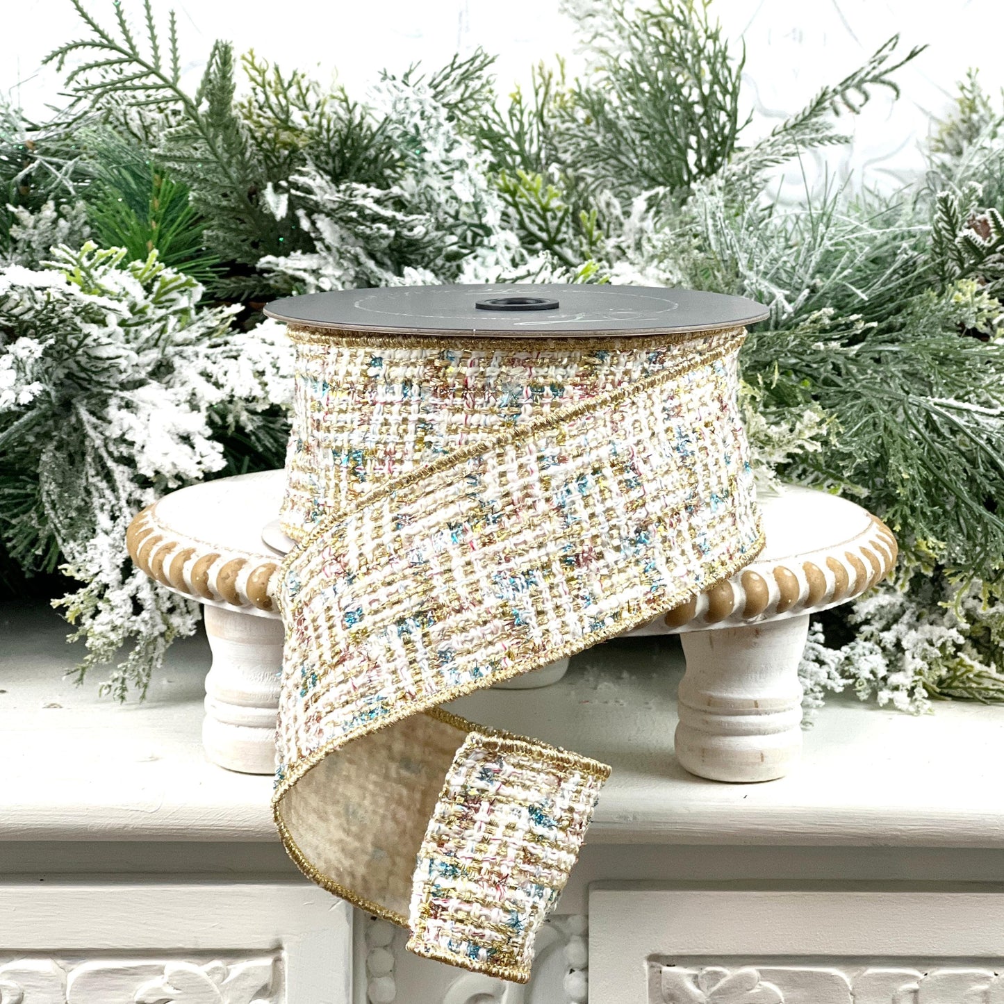 Farrisilk Cream Gold and Blue Tweed Ribbon, Multi-Colored Wired Ribbon, Luxury Holiday Ribbon for Wreaths