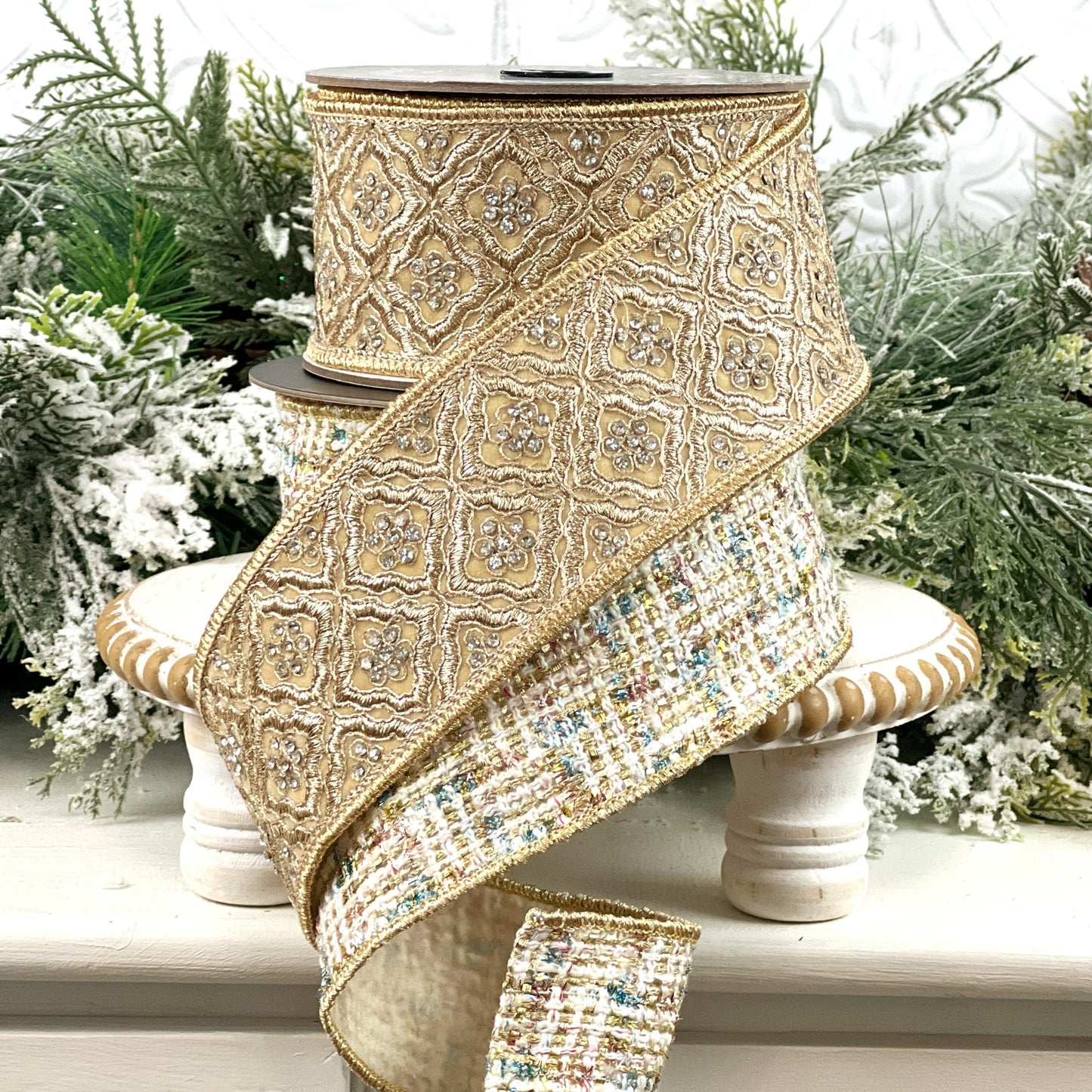 Farrisilk Cream Gold and Blue Tweed Ribbon, Multi-Colored Wired Ribbon, Luxury Holiday Ribbon for Wreaths