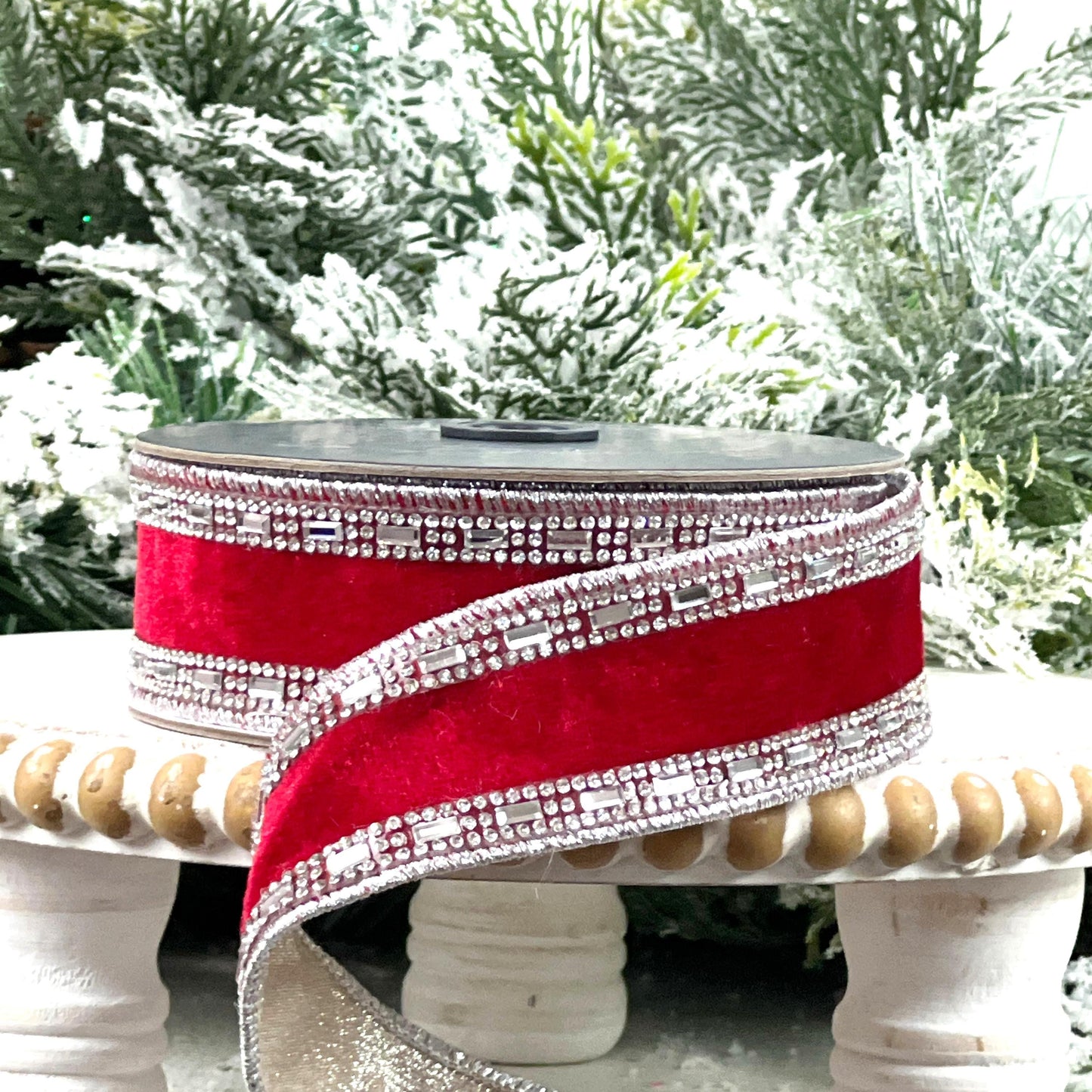 Farrisilk Shimmering Gems Red Velvet Ribbon, Jeweled Wired Christmas Ribbon, Luxury Holiday Bow