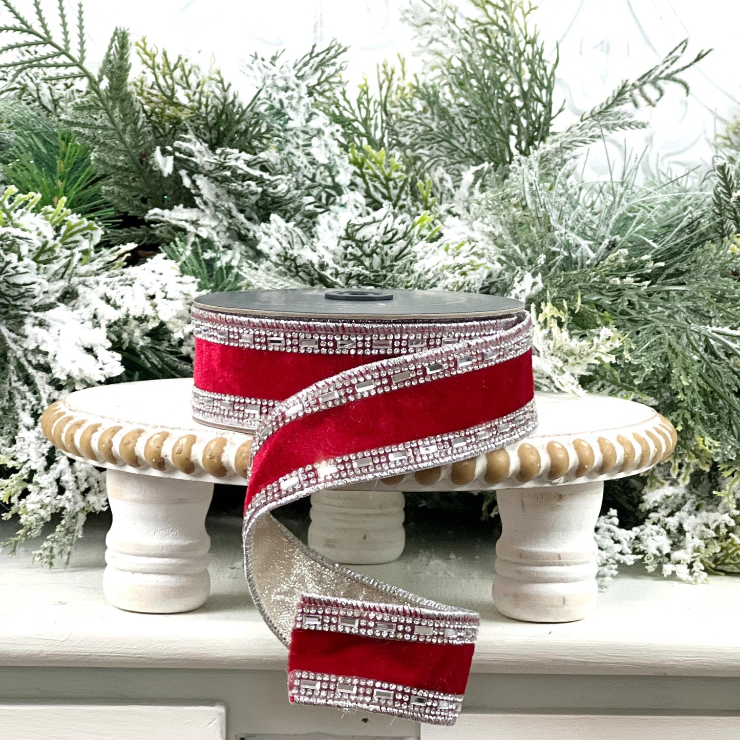 Farrisilk Shimmering Gems Red Velvet Ribbon, Jeweled Wired Christmas Ribbon, Luxury Holiday Bow