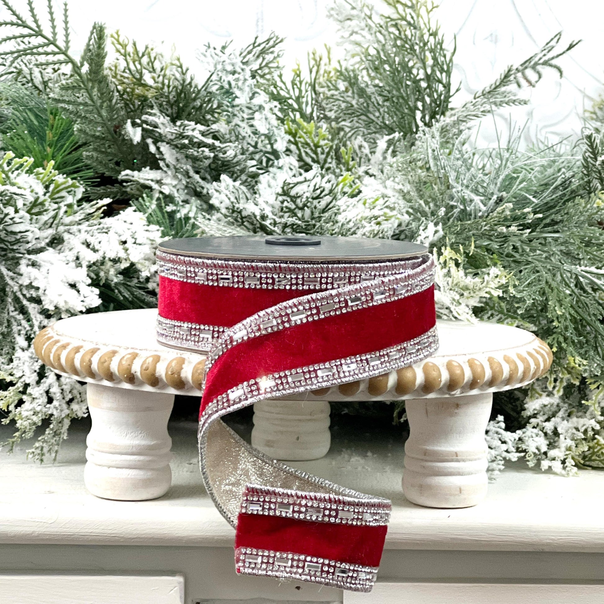Farrisilk Shimmering Gems Red Velvet Ribbon, Jeweled Wired Christmas Ribbon, Luxury Holiday Bow