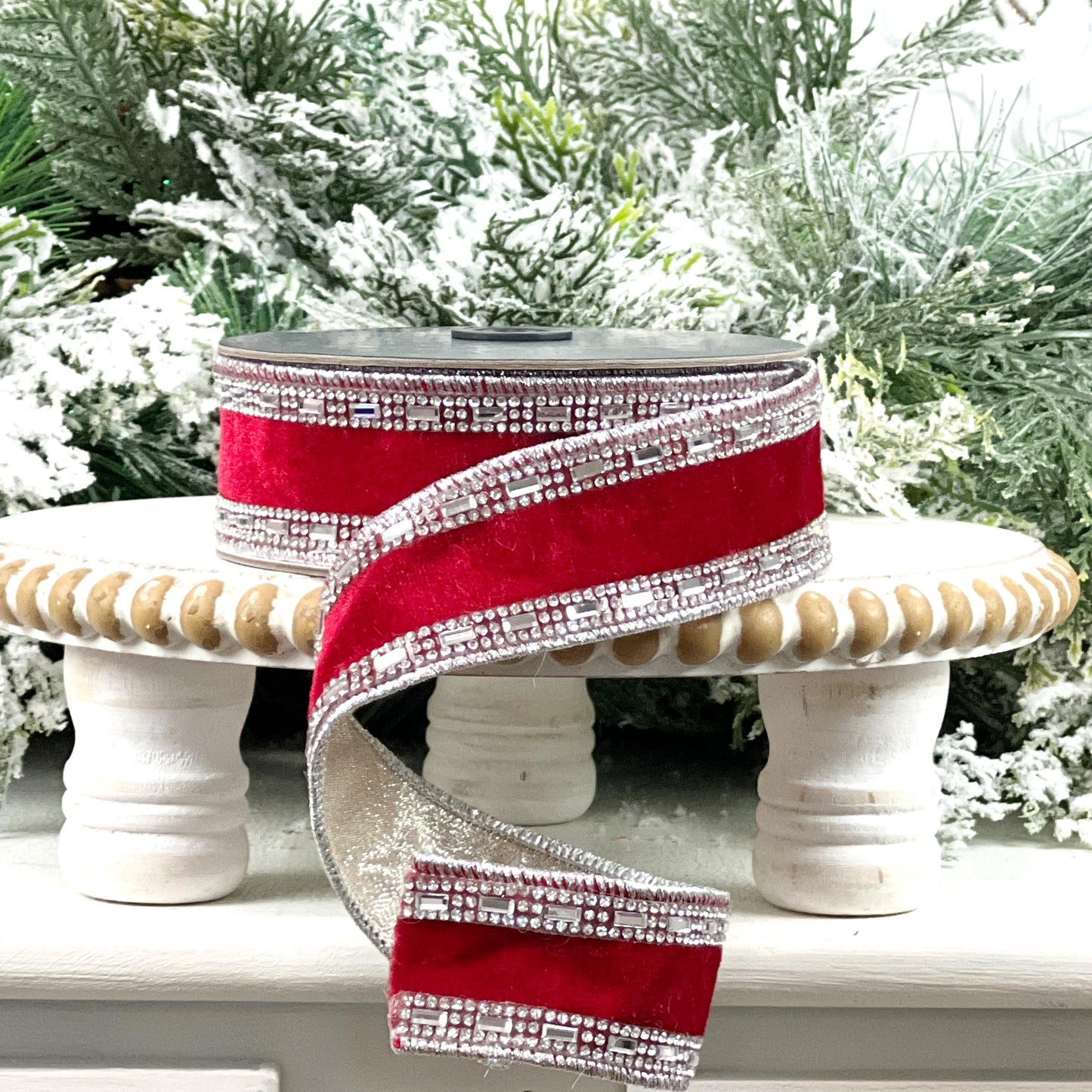 Farrisilk Shimmering Gems Red Velvet Ribbon, Jeweled Wired Christmas Ribbon, Luxury Holiday Bow