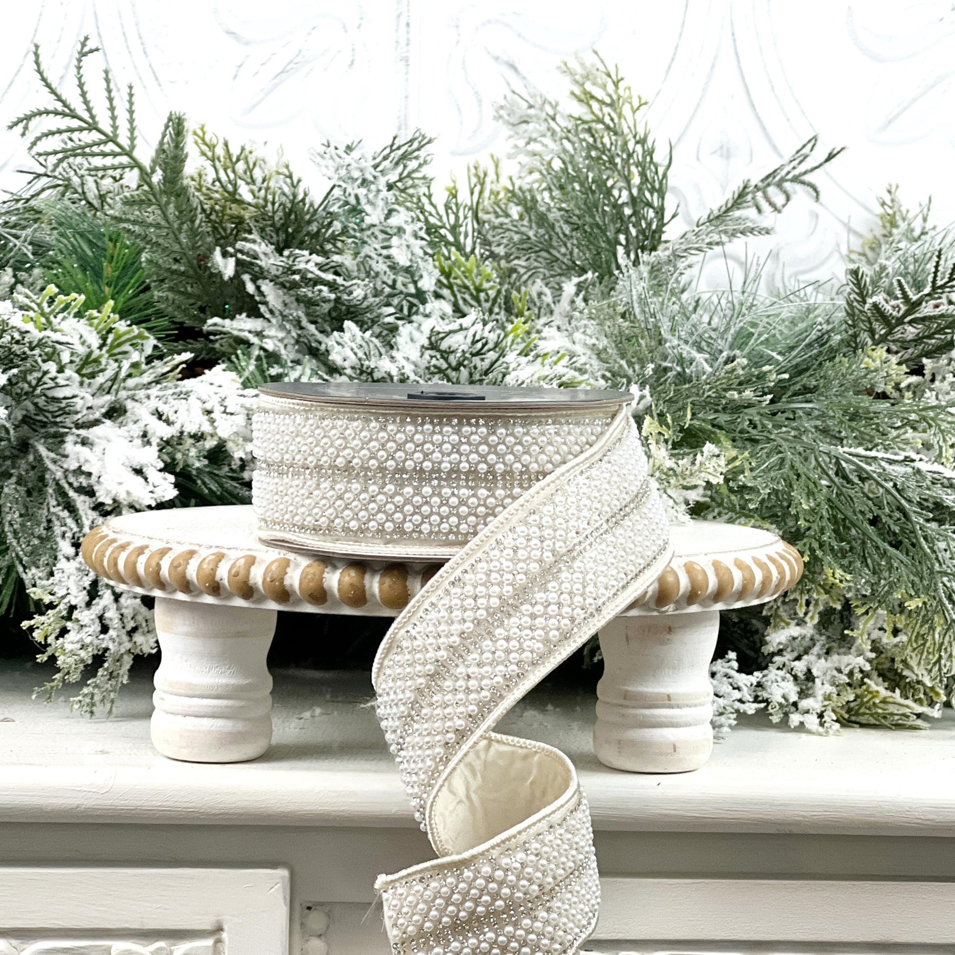 Farrisilk Audrey Pearls Ribbon, Ivory Pearl and Rhinestone Wired Ribbon, Jeweled Holiday Ribbon