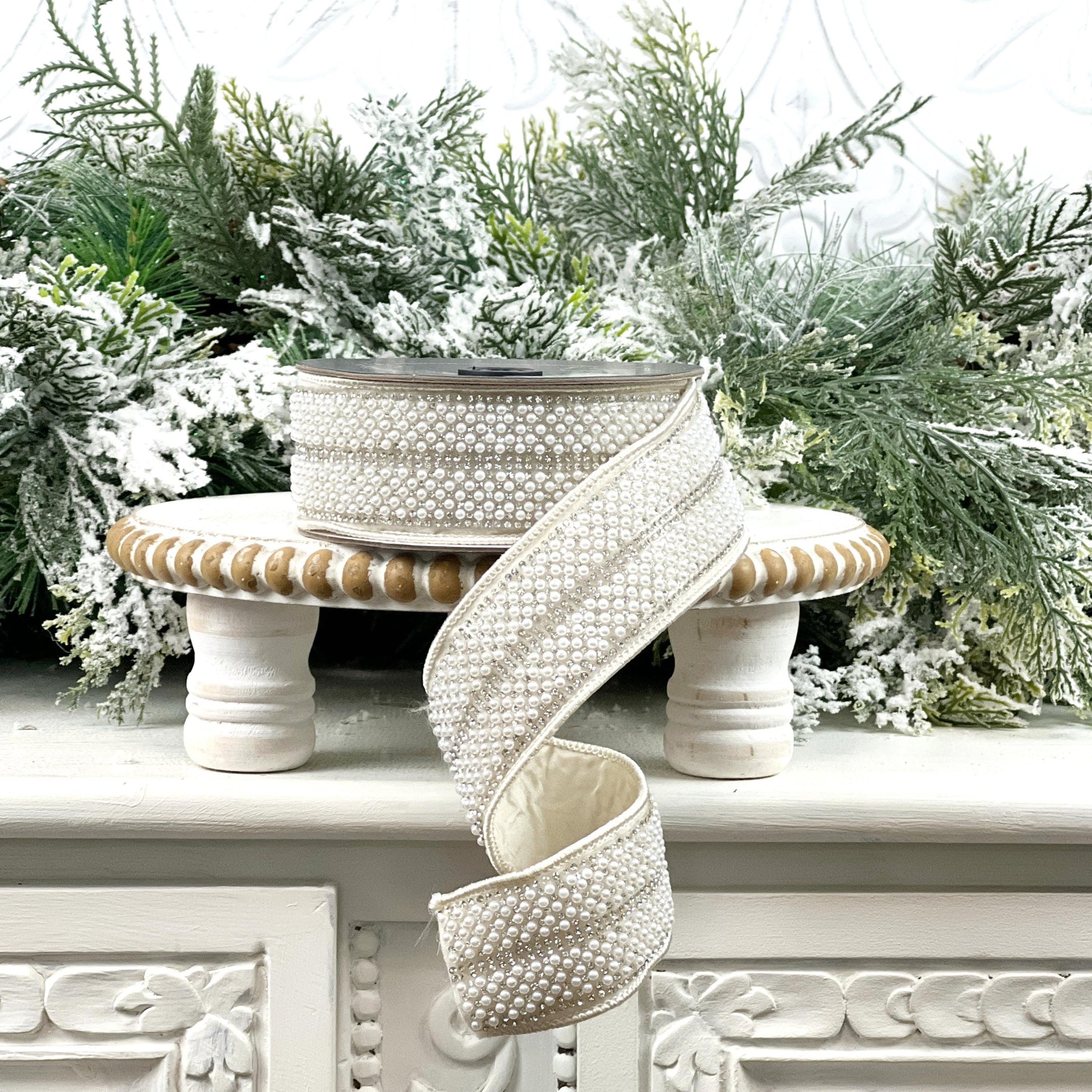 Farrisilk Audrey Pearls Ribbon, Ivory Pearl and Rhinestone Wired Ribbon, Jeweled Holiday Ribbon