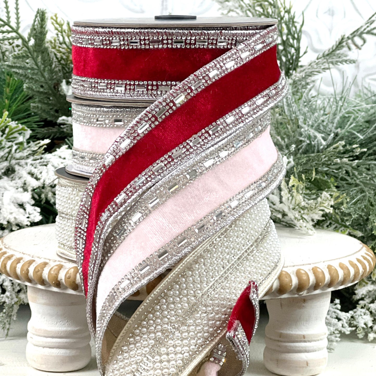 Farrisilk Audrey Pearls Ribbon, Ivory Pearl and Rhinestone Wired Ribbon, Jeweled Holiday Ribbon