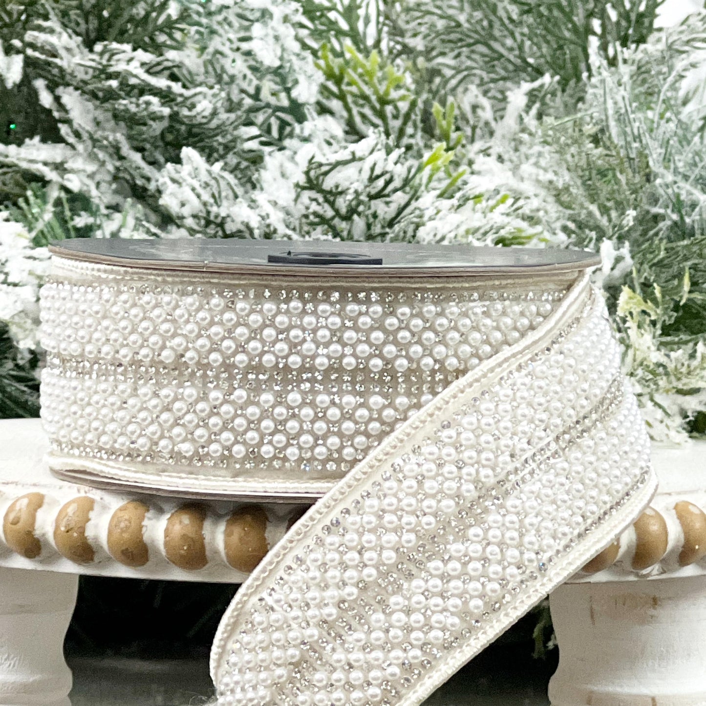 Farrisilk Audrey Pearls Ribbon, Ivory Pearl and Rhinestone Wired Ribbon, Jeweled Holiday Ribbon