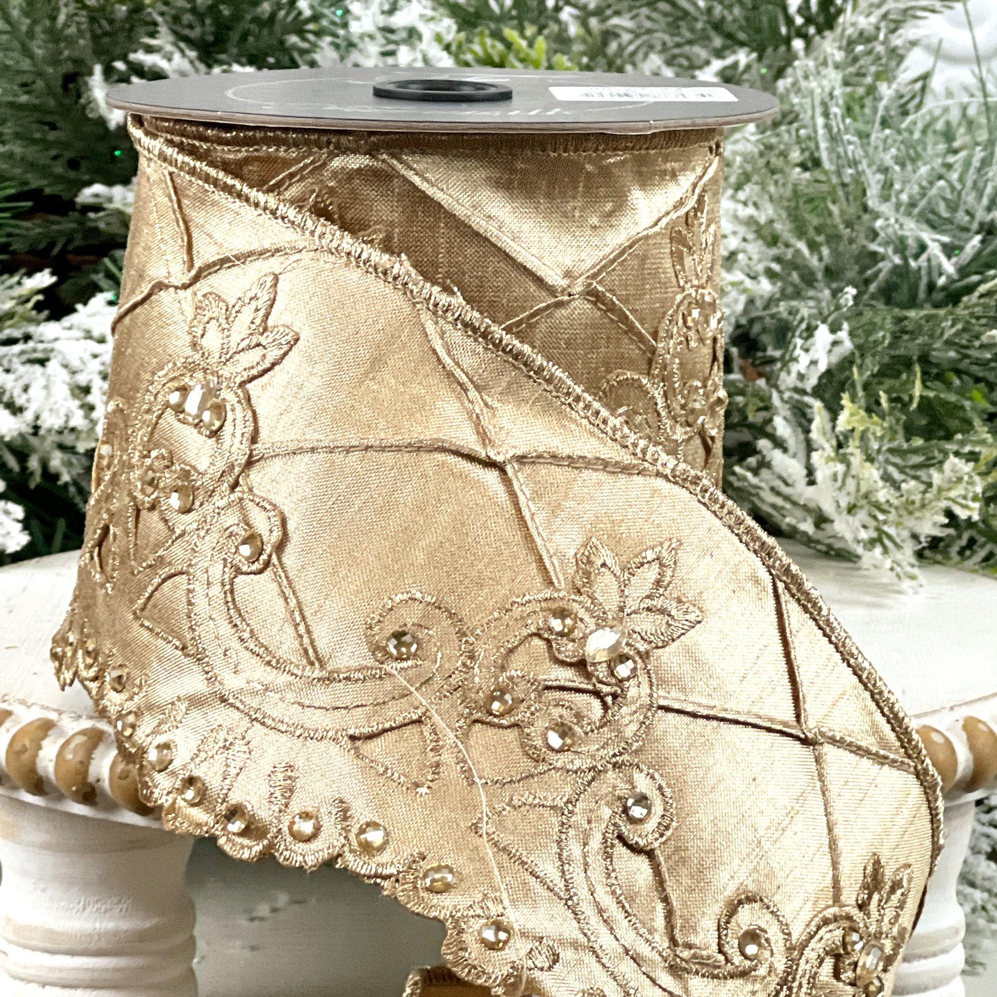 Farrisilk Scalloped Diamonds Ribbon, Champagne Embroidered Ribbon with Rhinestones, Jeweled Holiday Decor