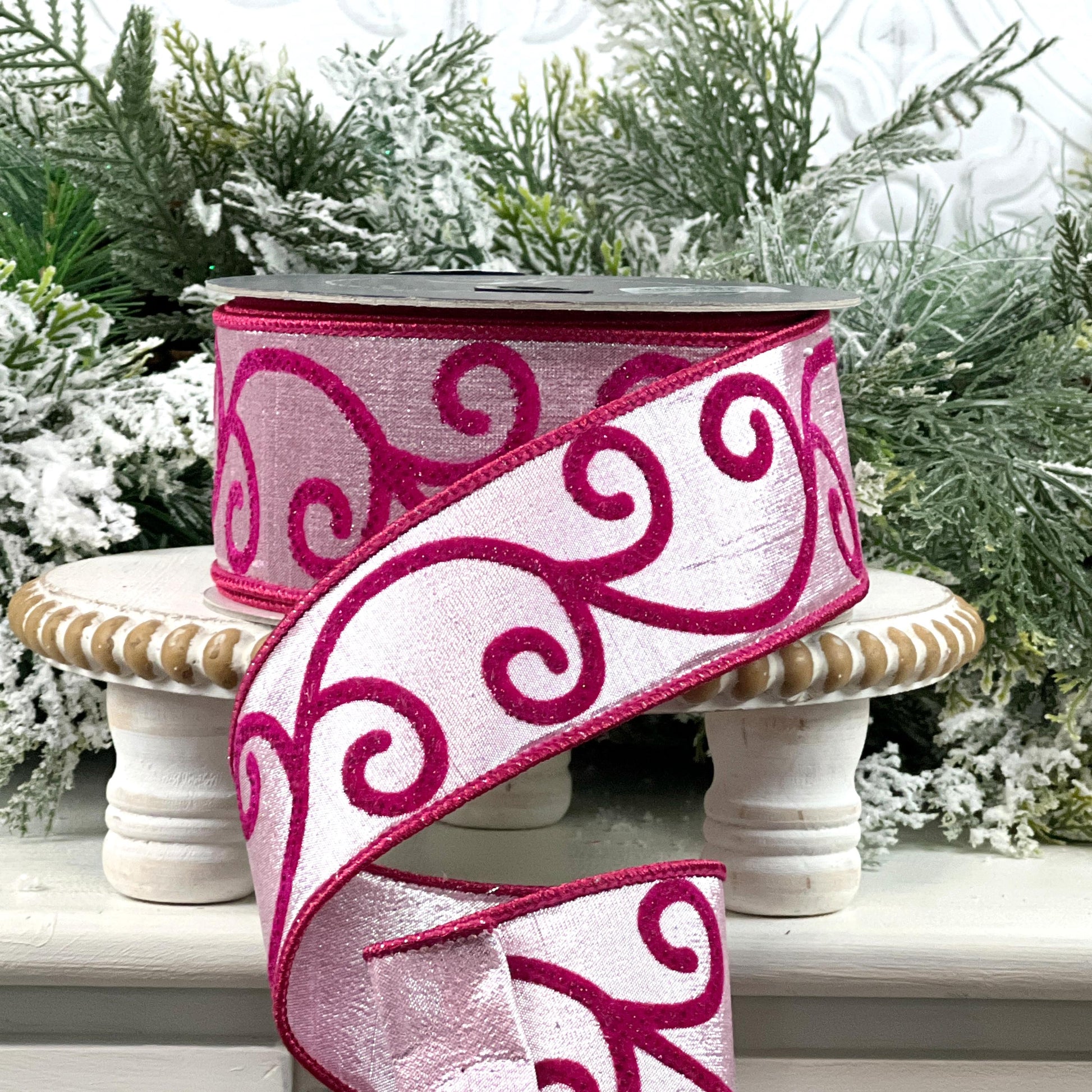 Farrisilk Pink Swirled Ribbon, Fuchsia Scroll Wired Ribbon, Whimsical Holiday Valentine Spring Decor