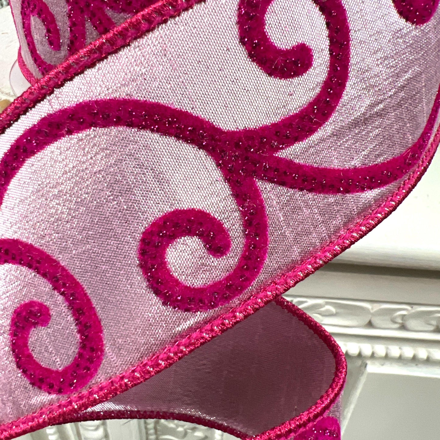 Farrisilk Pink Swirled Ribbon, Fuchsia Scroll Wired Ribbon, Whimsical Holiday Valentine Spring Decor