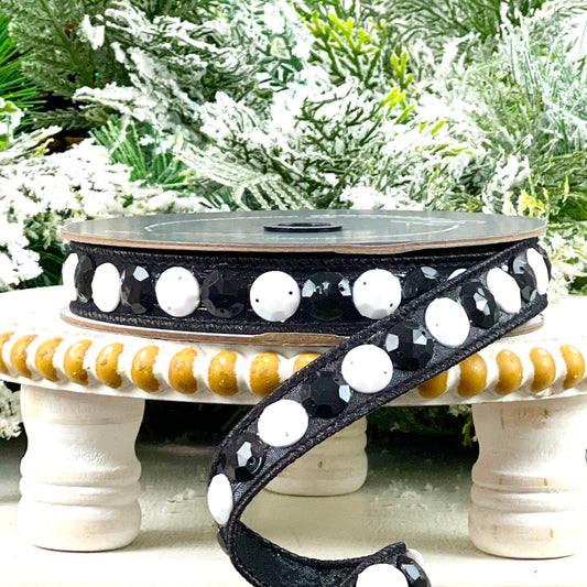 Farrisilk Black and White Jeweled Ribbon, Rhinestone Wired Ribbon, Designer Christmas Tree Trimming