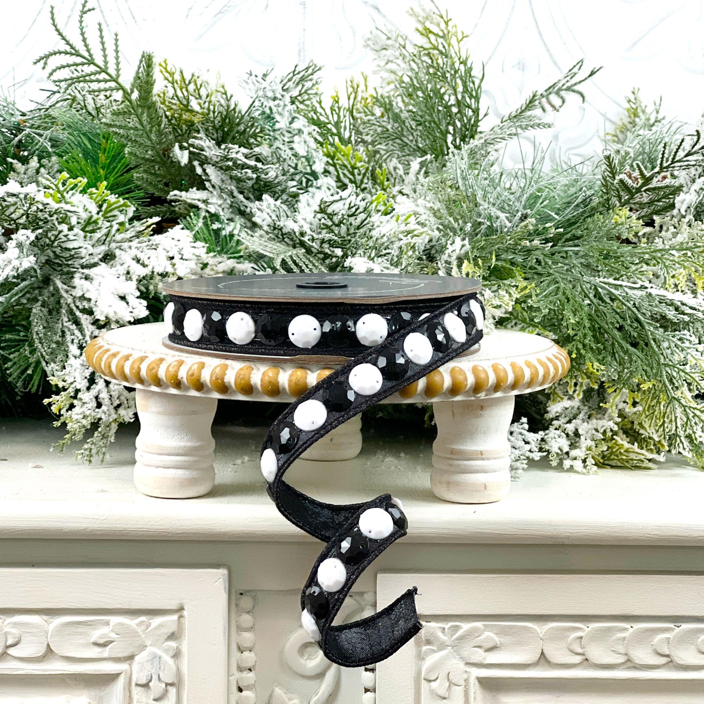 Farrisilk Black and White Jeweled Ribbon, Rhinestone Wired Ribbon, Designer Christmas Tree Trimming