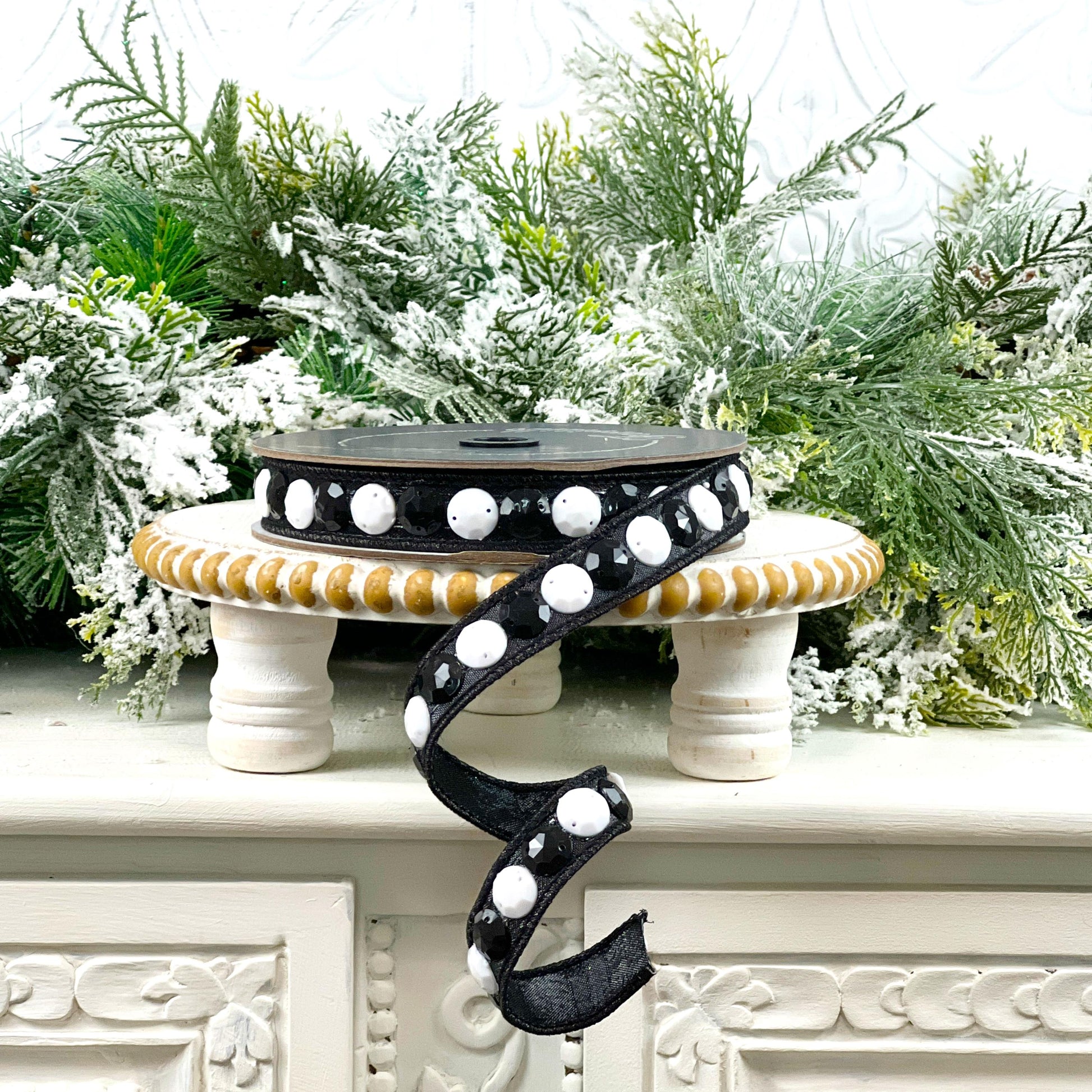 Farrisilk Black and White Jeweled Ribbon, Rhinestone Wired Ribbon, Designer Christmas Tree Trimming