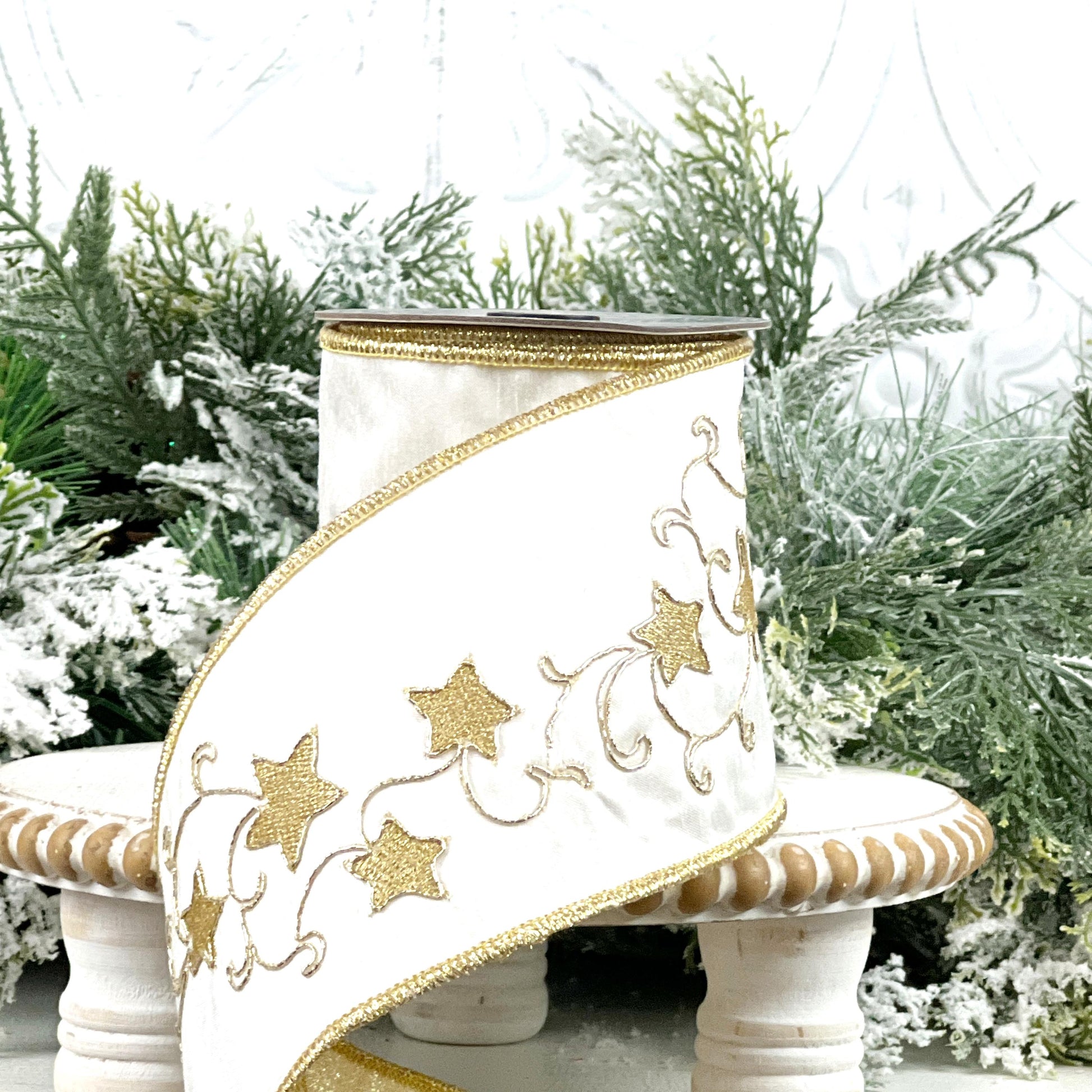 Farrisilk Embroidered Star Ribbon, White and Gold Wired Ribbon with Stars, Christmas Tree Trimming