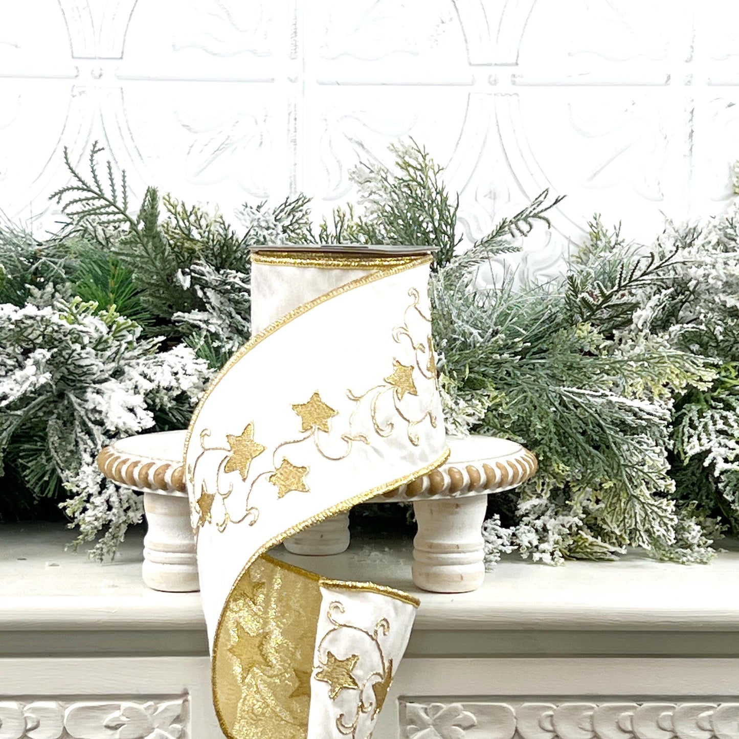 Farrisilk Embroidered Star Ribbon, White and Gold Wired Ribbon with Stars, Christmas Tree Trimming