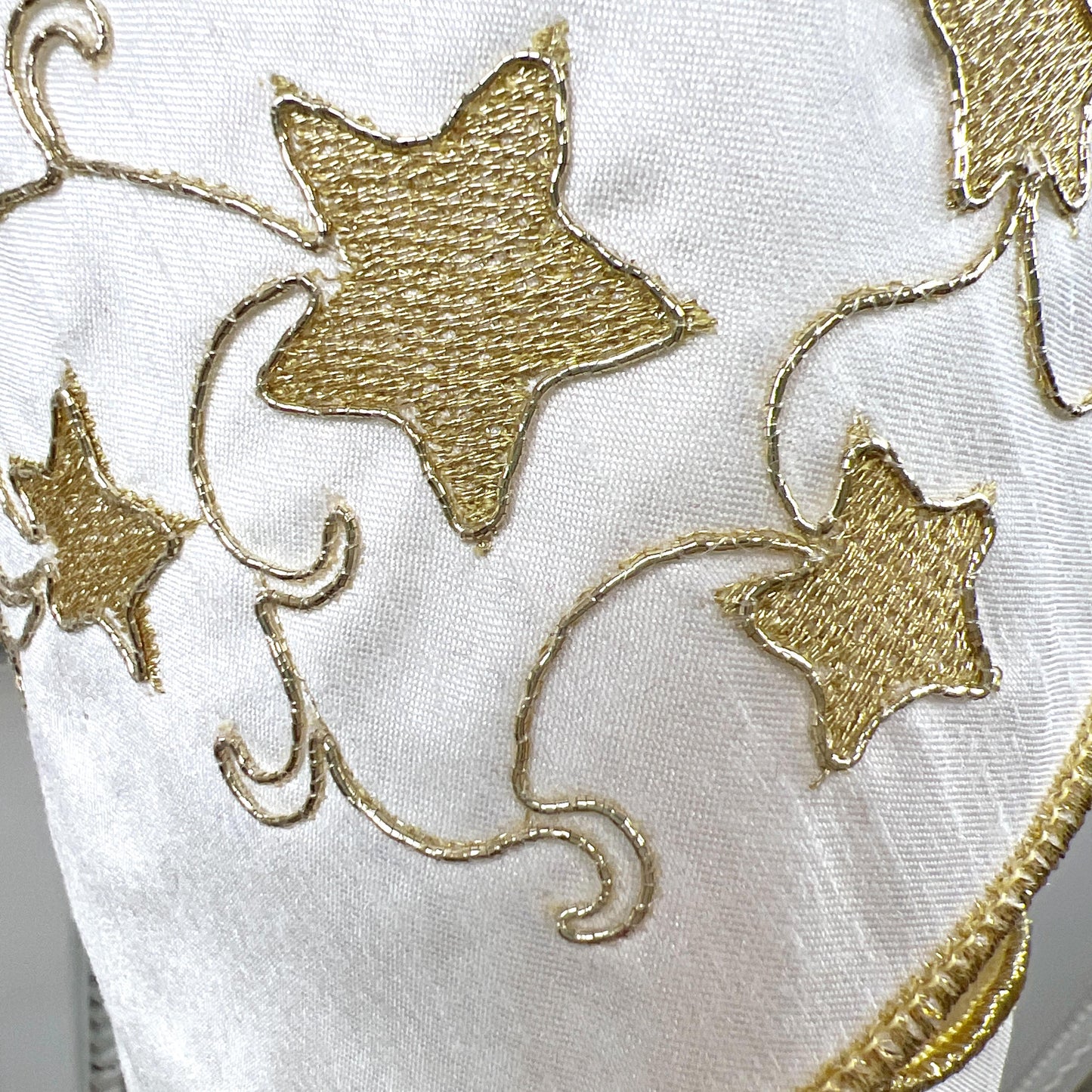 Farrisilk Embroidered Star Ribbon, White and Gold Wired Ribbon with Stars, Christmas Tree Trimming