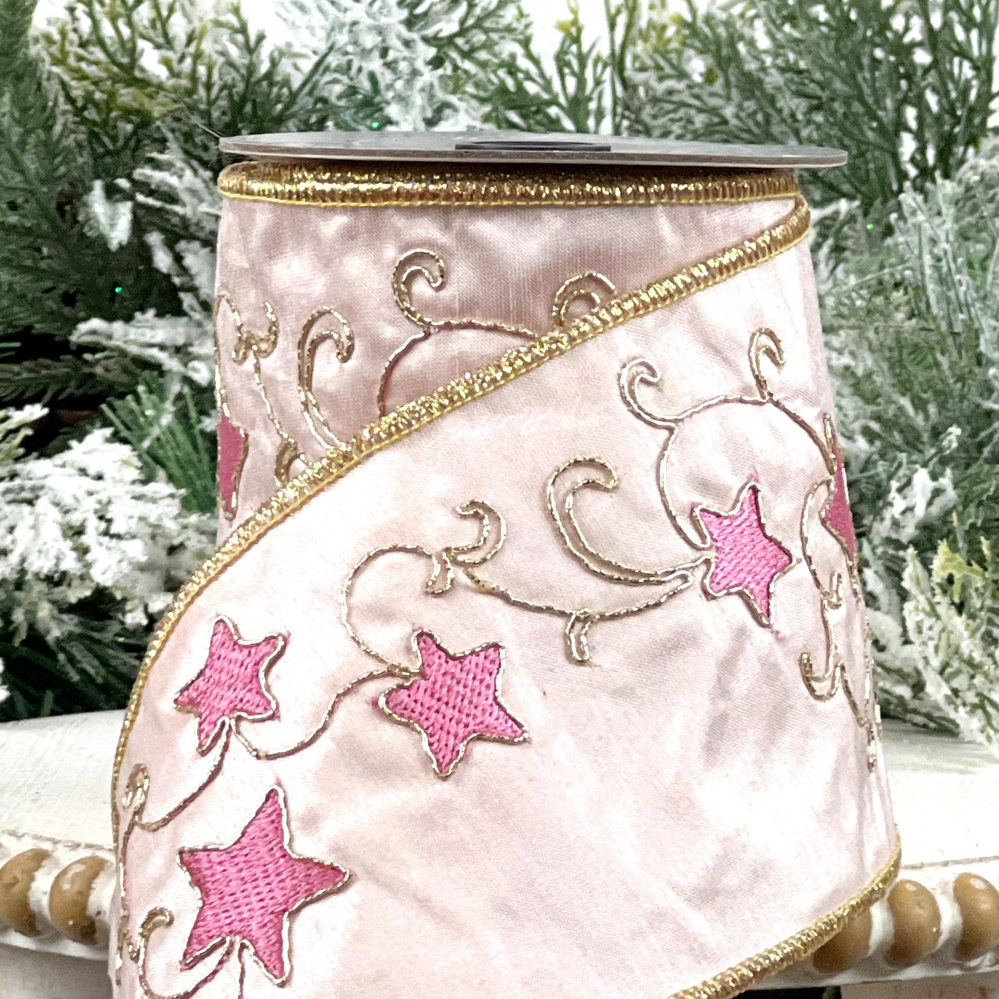 Farrisilk Embroidered Star Ribbon, Pink and Gold Wired Ribbon with Stars, Christmas Tree Trimming