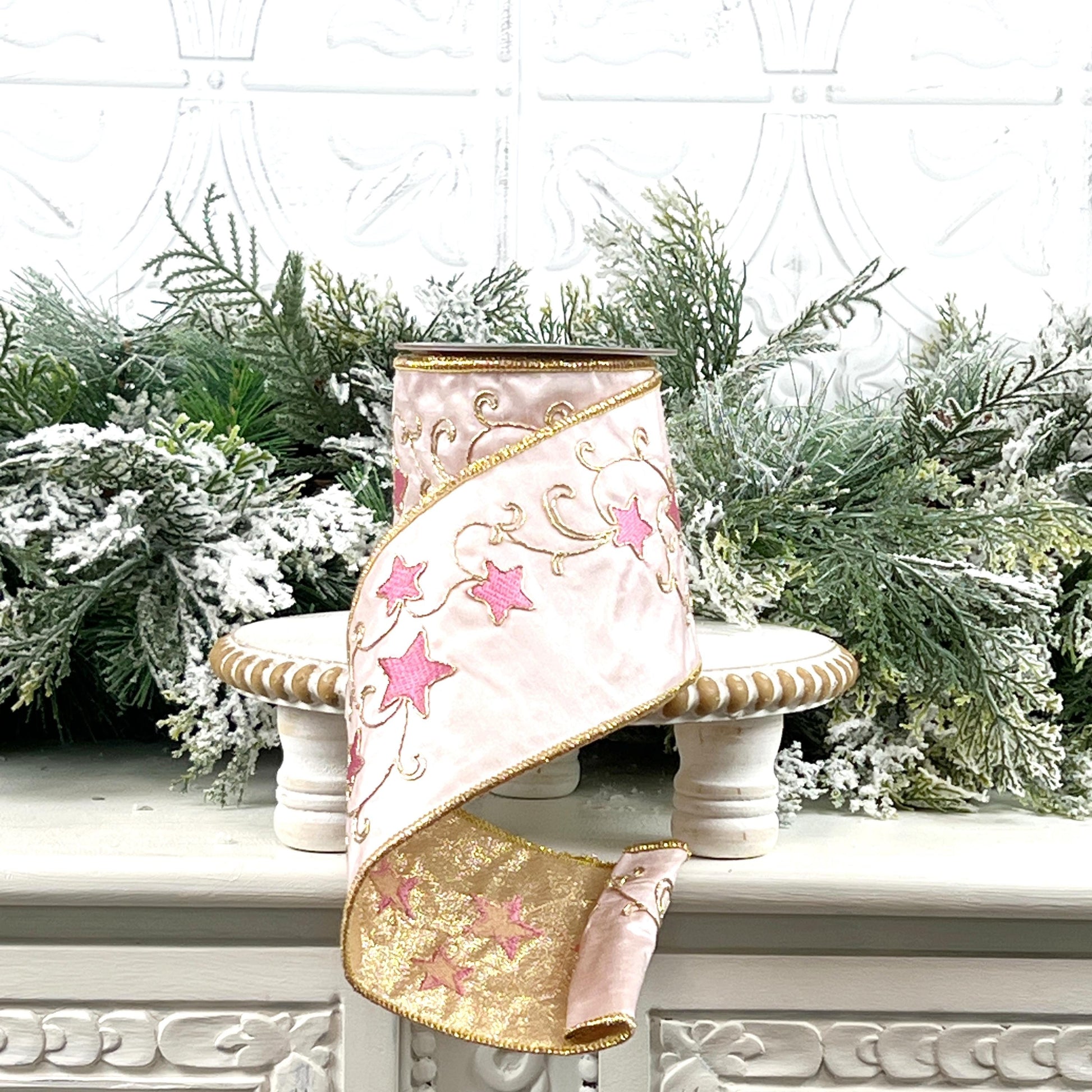 Farrisilk Embroidered Star Ribbon, Pink and Gold Wired Ribbon with Stars, Christmas Tree Trimming