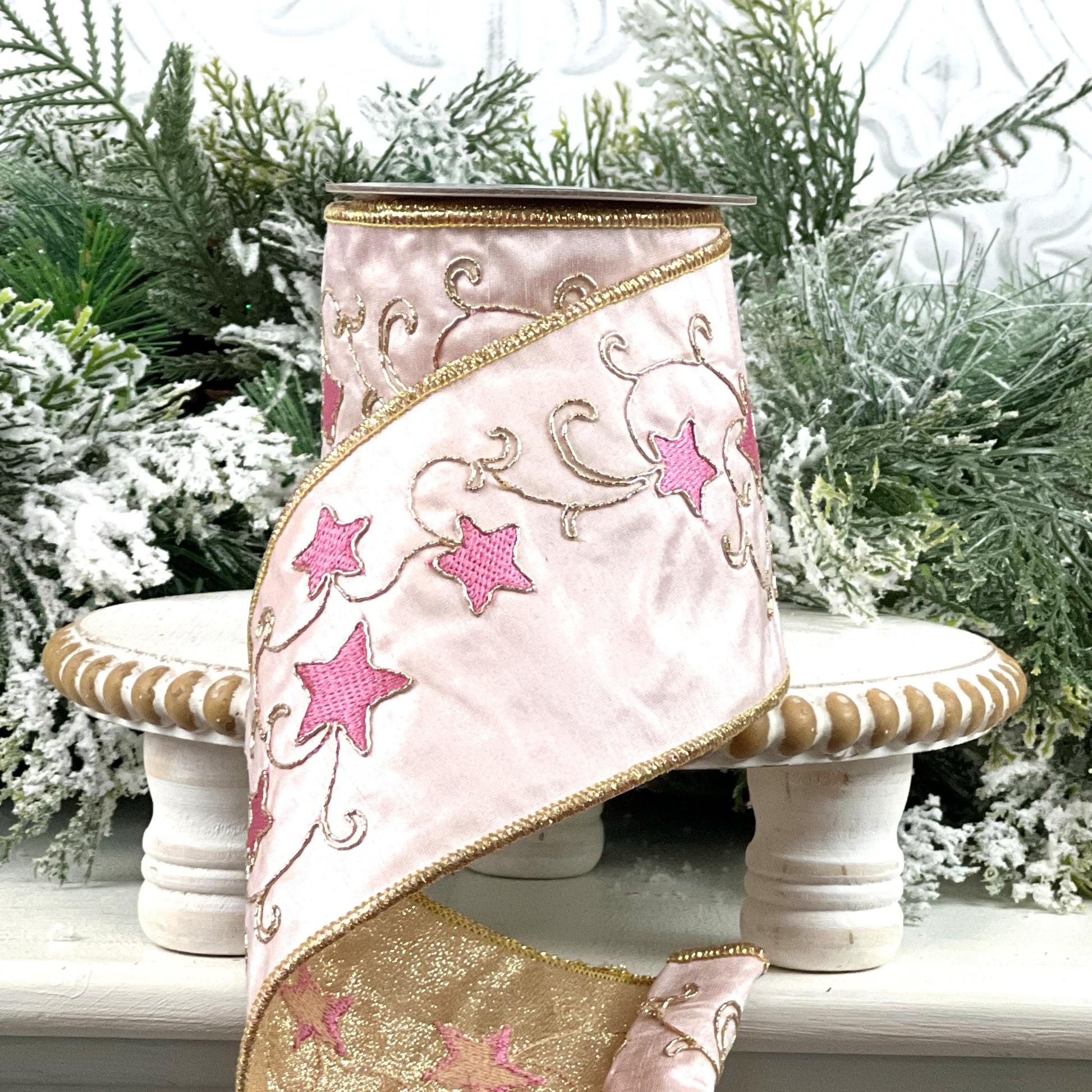Farrisilk Embroidered Star Ribbon, Pink and Gold Wired Ribbon with Stars, Christmas Tree Trimming
