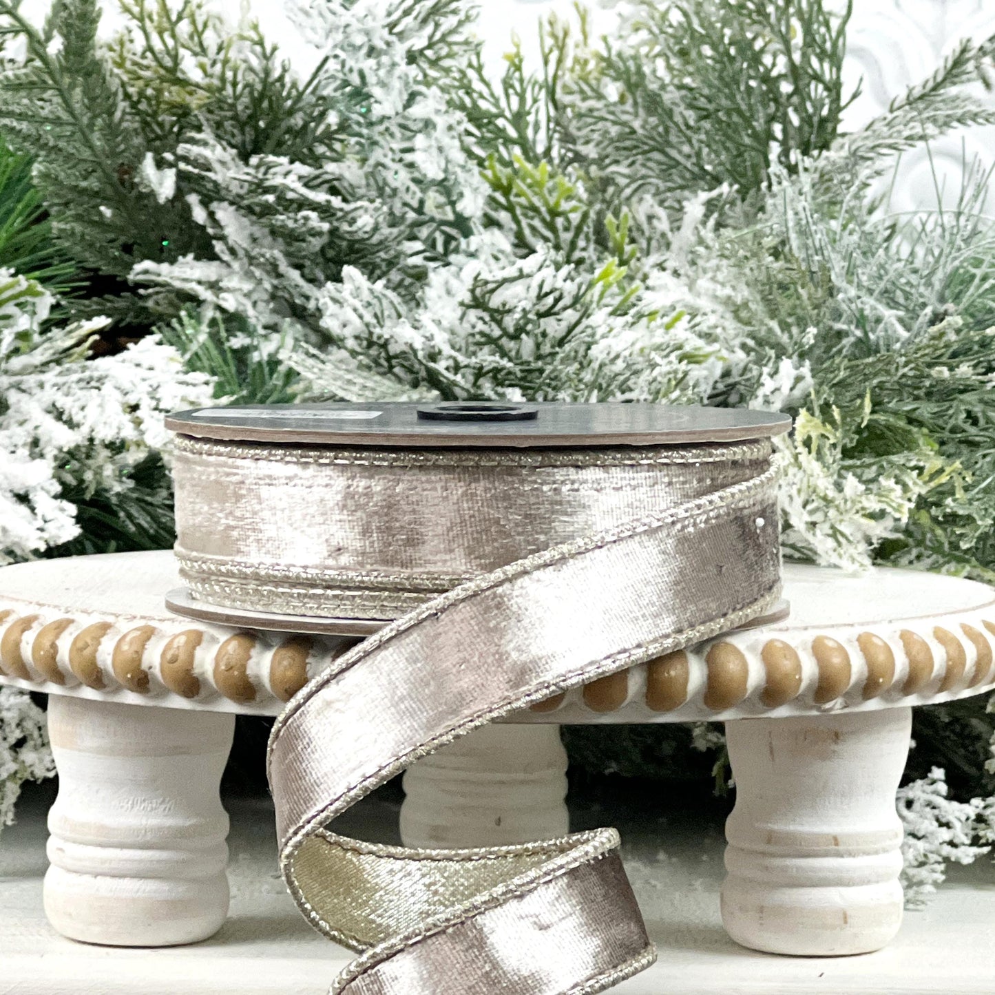 Farrisilk Platinum Satin Velvet Ribbon, Metallic Wired Ribbon, Luxury Christmas Tree Trimming Ribbon