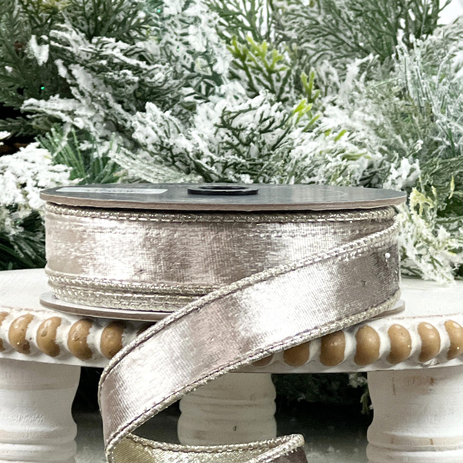 Farrisilk Platinum Satin Velvet Ribbon, Metallic Wired Ribbon, Luxury Christmas Tree Trimming Ribbon