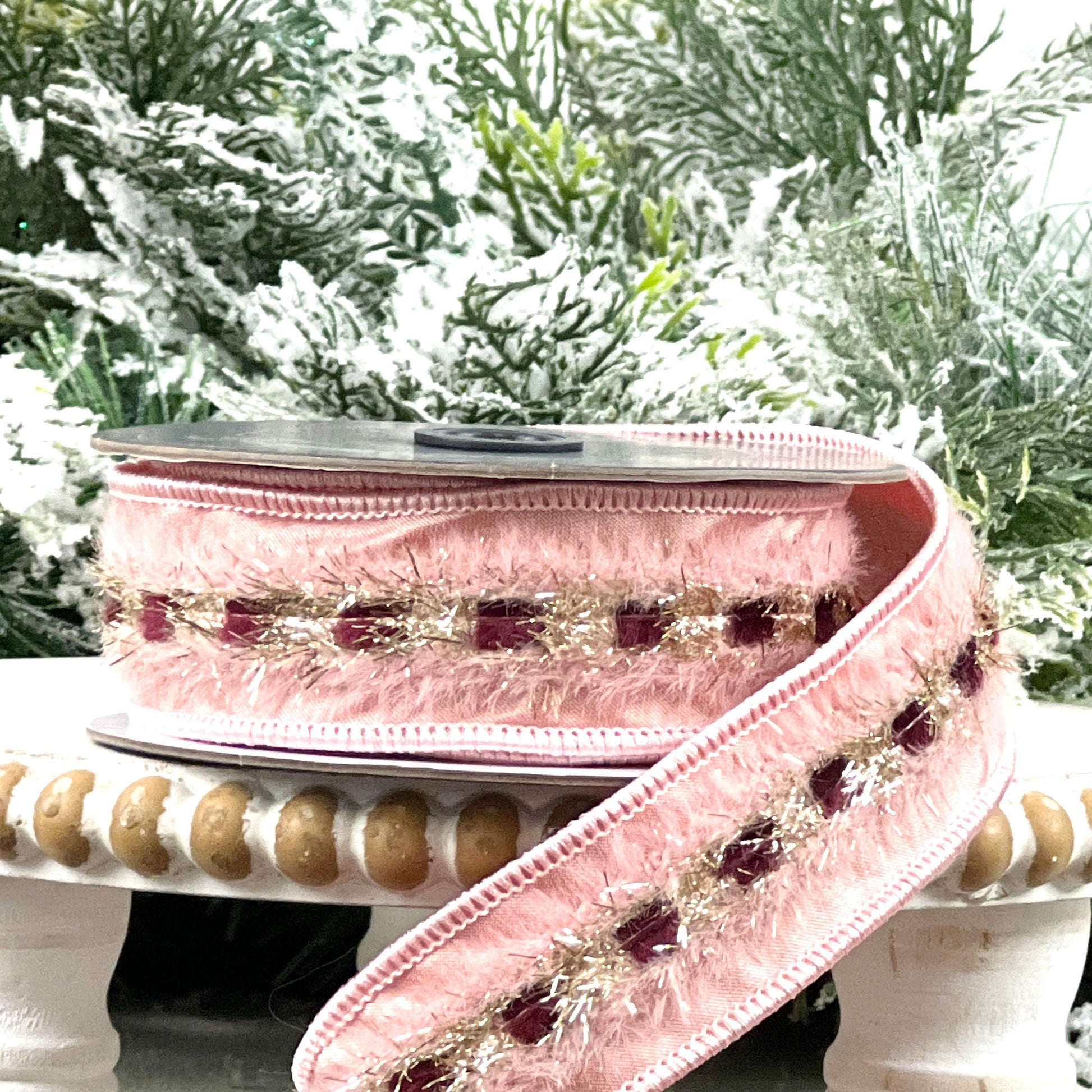 Farrisilk Pink Burgundy Gold Ribbon, Pink Tinsel Holiday Ribbon, Christmas Wreath and Tree Trimming Ribbon